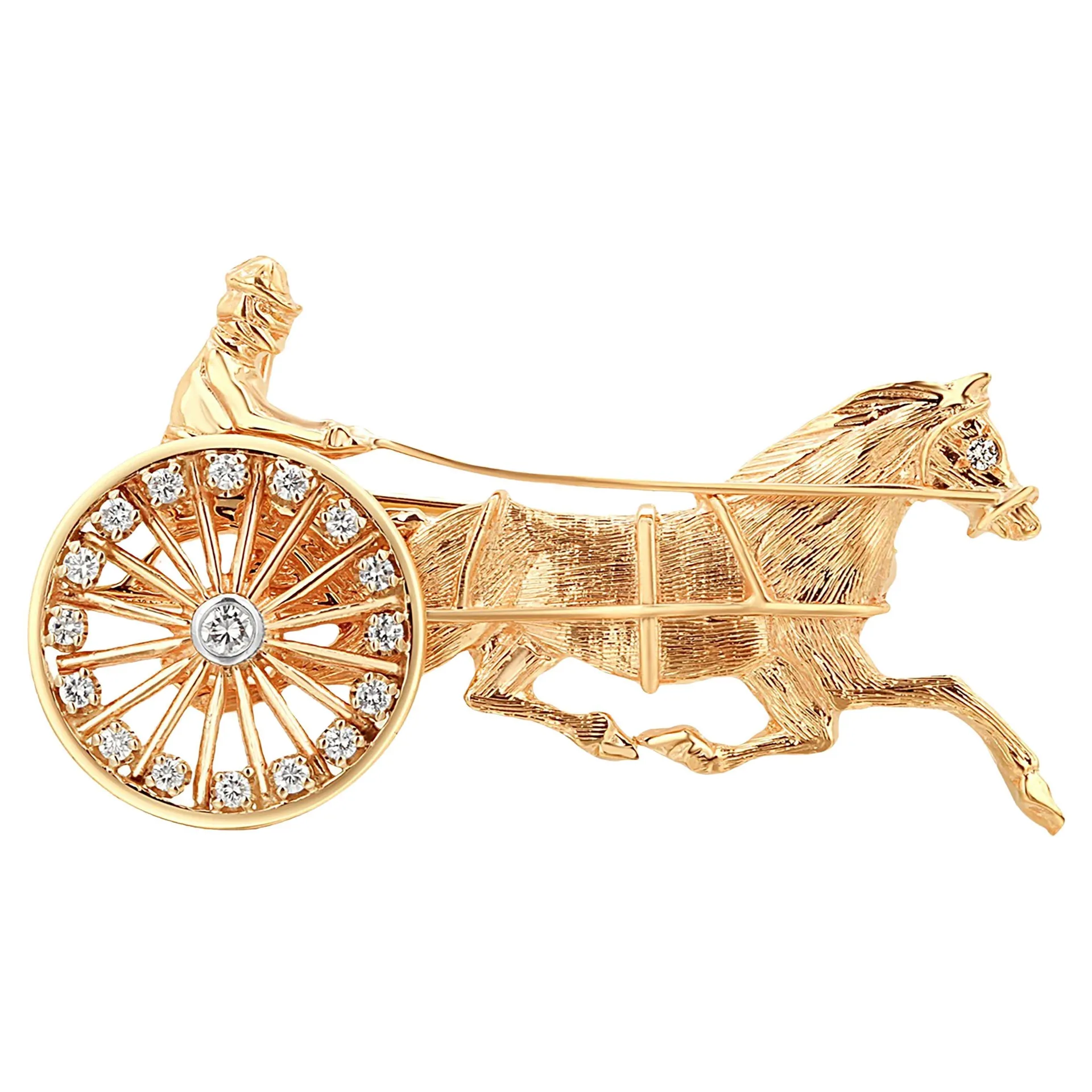 14 Karat Driver Horse and Sulky Moveable Diamond 0.10 Carat Wheel 2 Inch Brooch