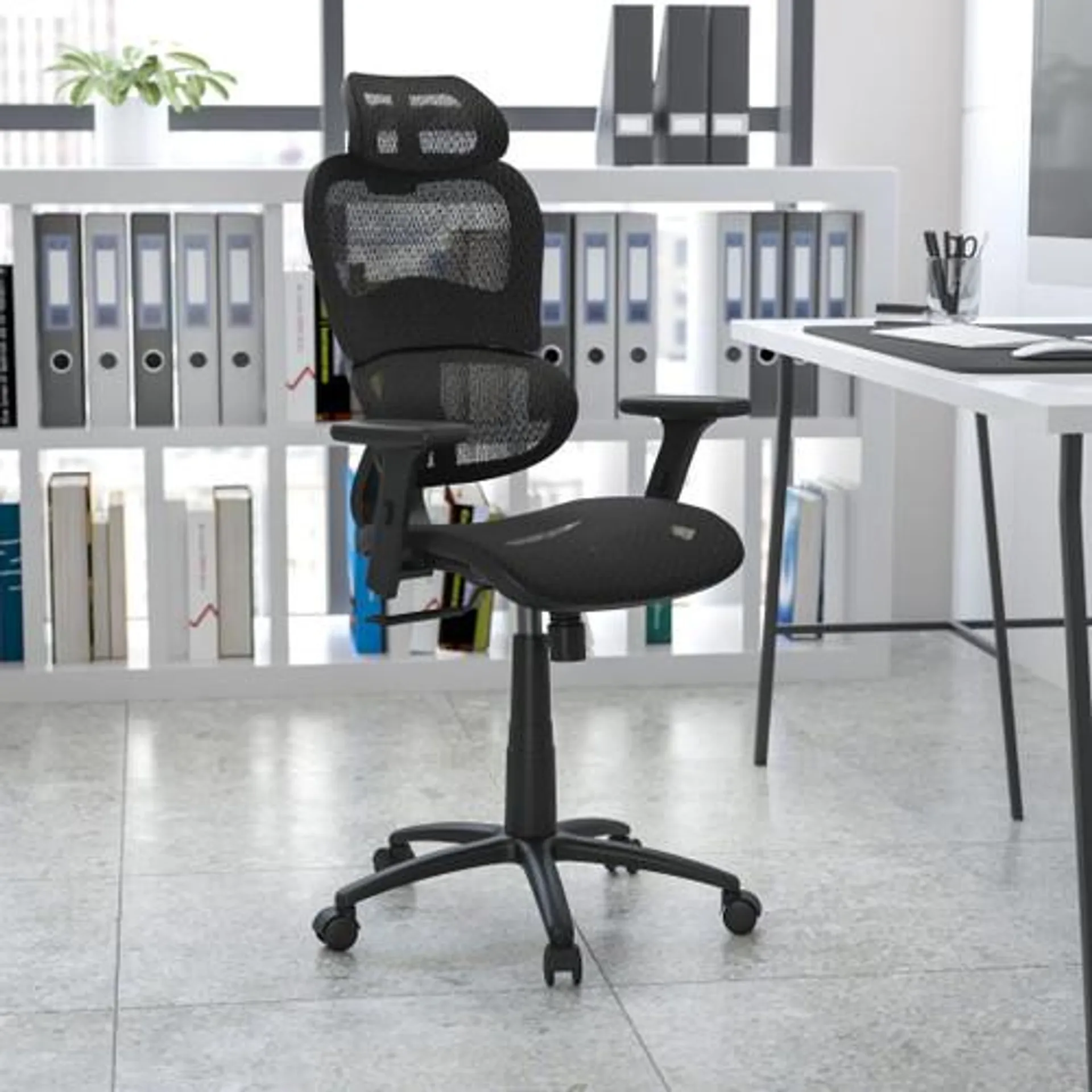 Ergonomic Mesh Office Chair with 2-to-1 Synchro-Tilt, Adjustable Headrest, Lumbar Support, and Adjustable Pivot Arms in Black - HLC1388F1KBKGG