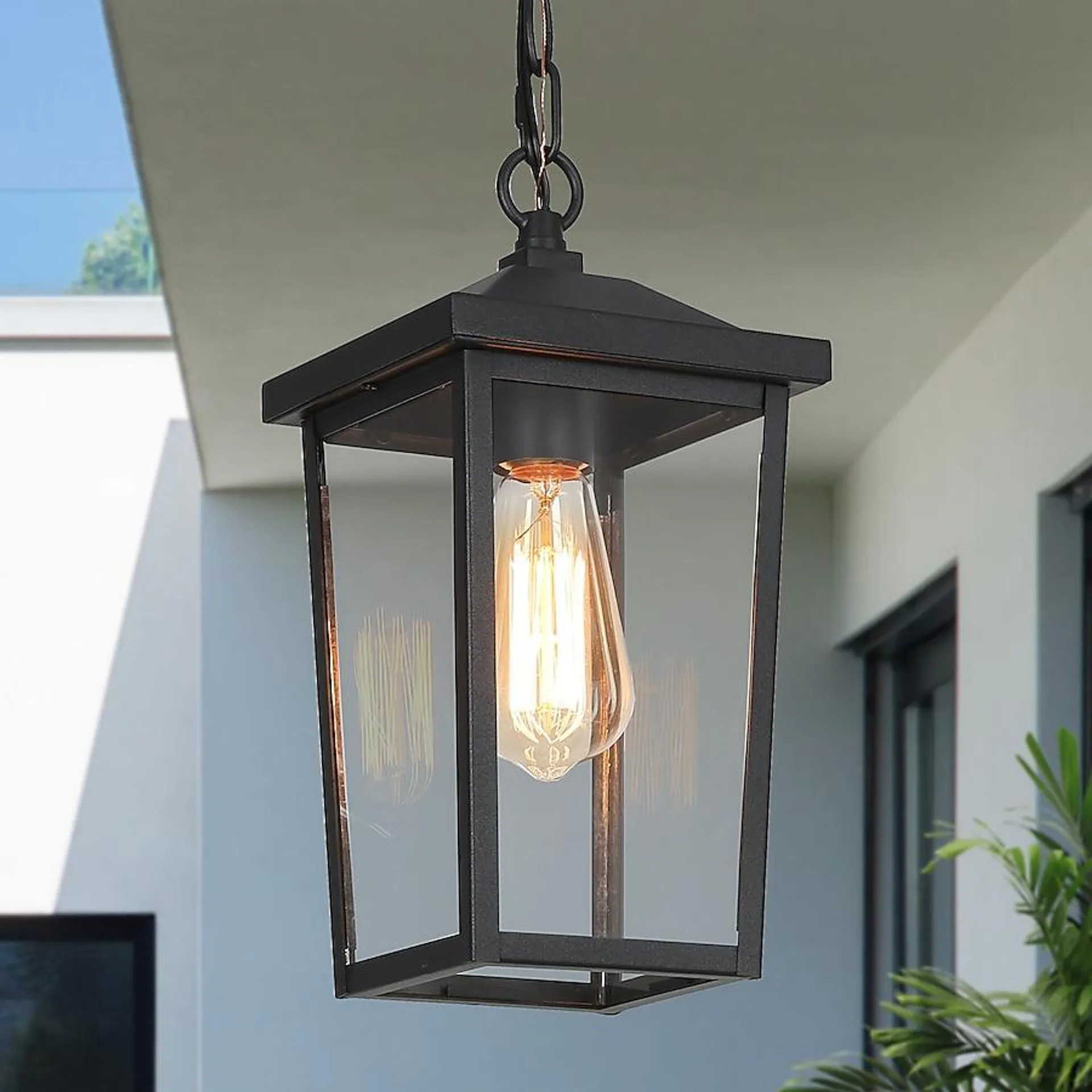 LNC Pict Matte Black Modern/Contemporary Clear Glass Lantern LED Mini Outdoor Hanging Pendant Light