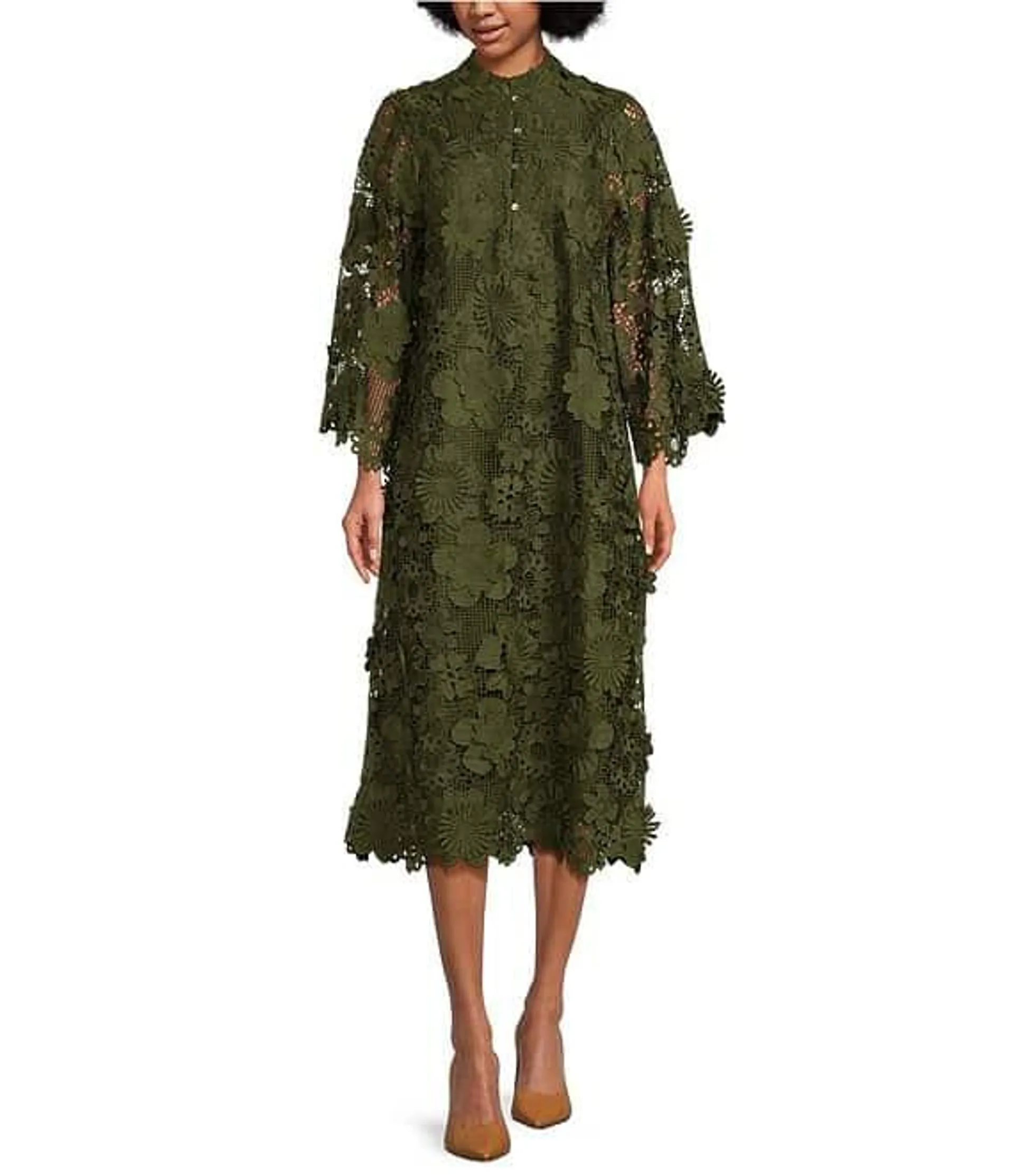 Seraphina Floral Long Sleeve 3D Lace Mandarin Collar Midi Dress