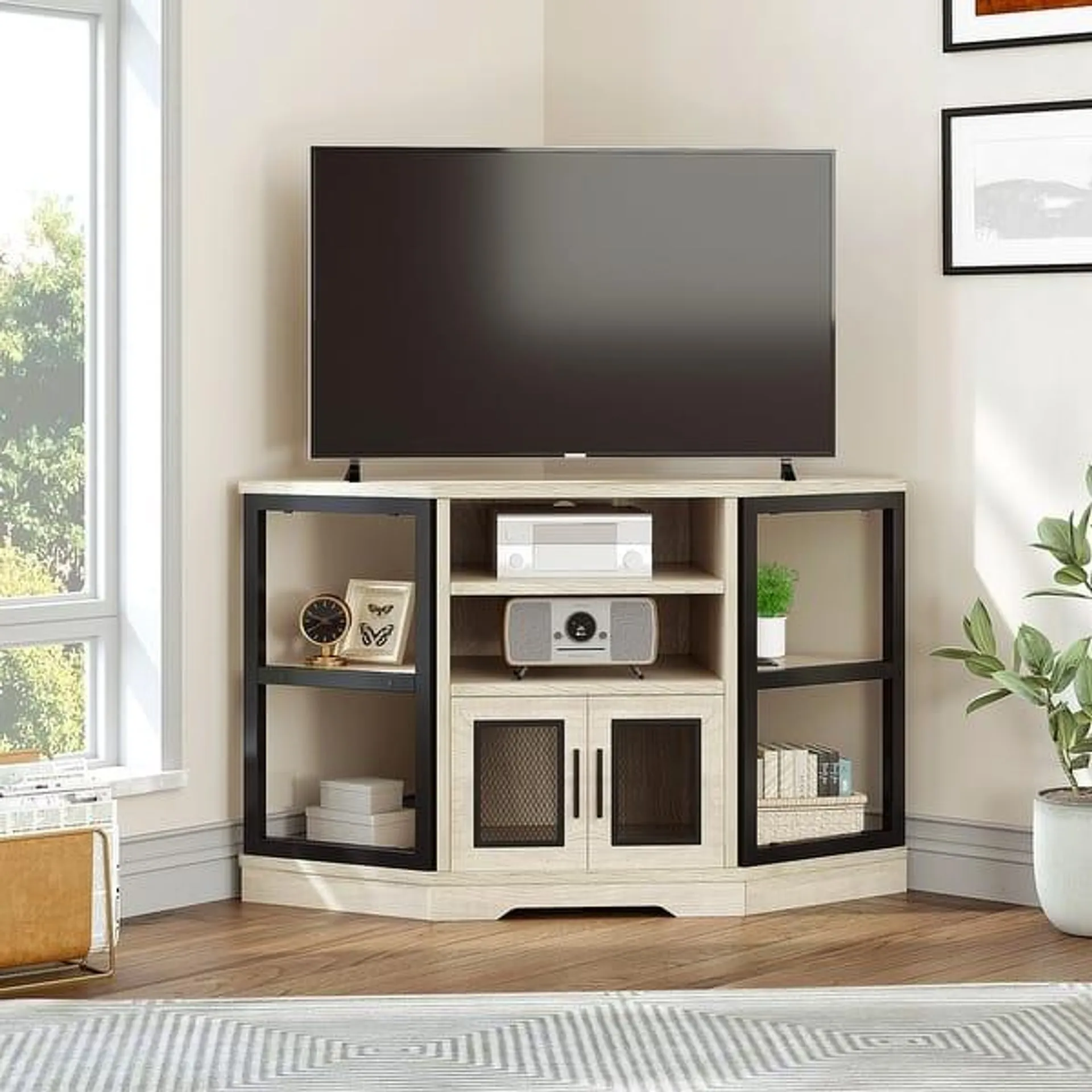 Farmhouse Corner TV Stand Entertainment Center Media Console for TVs up to 55" with Power Outlet