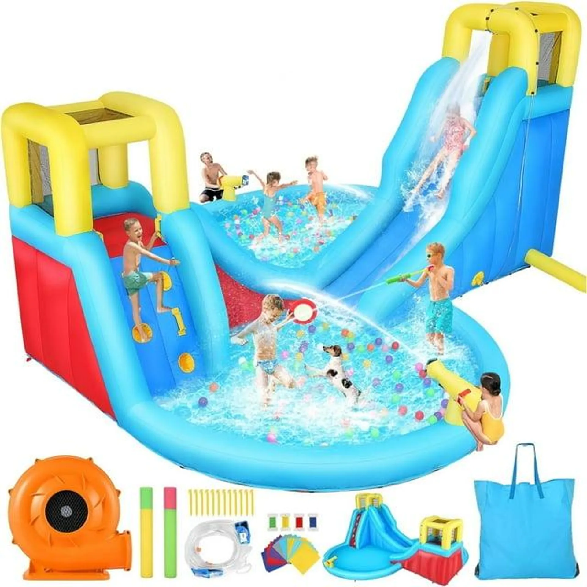 Qhomic Inflatable Water Slide with Blower , Water Park with 2 Water Guns, Children's Indoor/Outdoor Inflatable Bounce House with Double Slide, Climbing Wall, Ball Pool, Shooting, for 3-12 Years Old