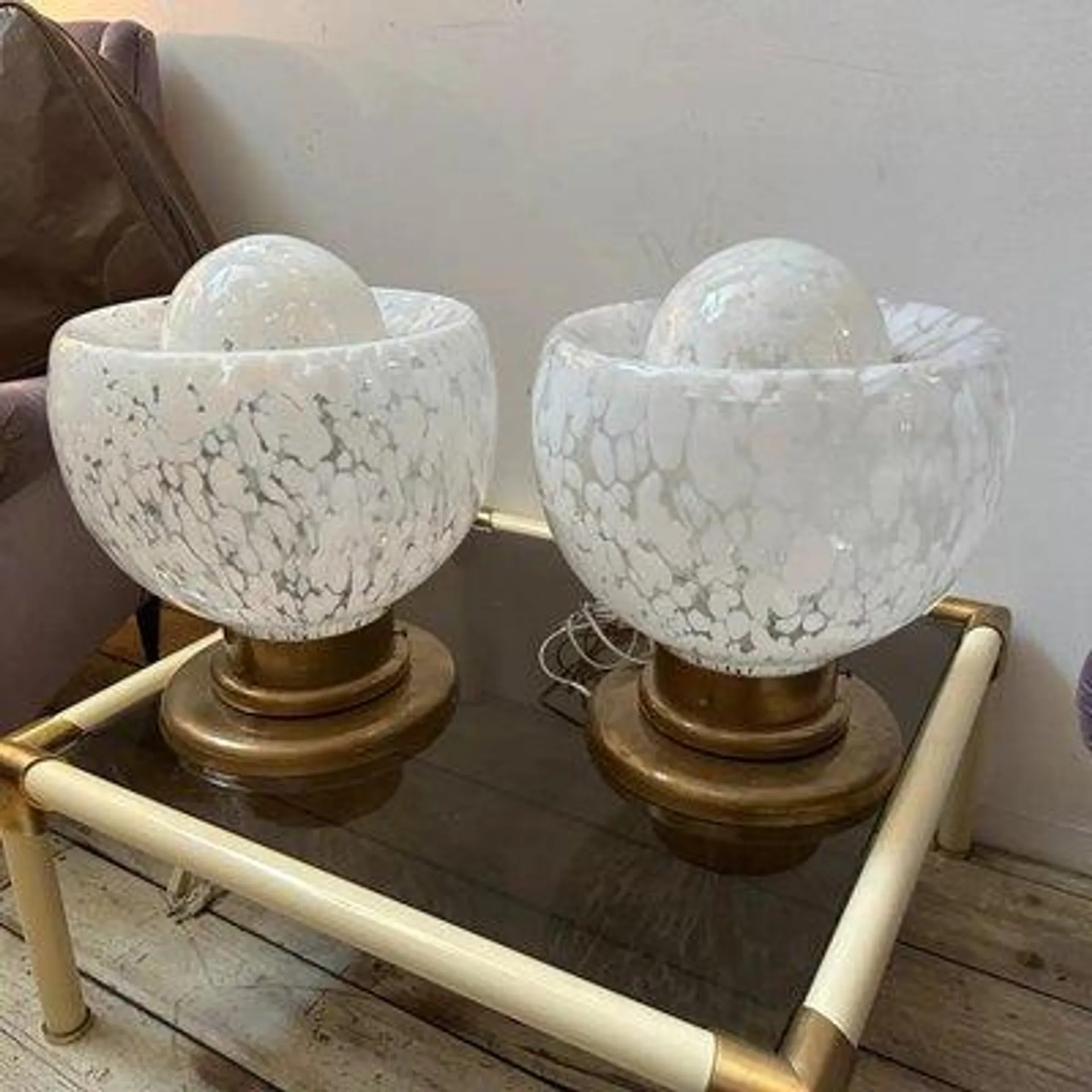 Mid-Century Modern Murano Glass and Brass Big Table Lamps attributed to Mazzega, 1970s, Set of 2