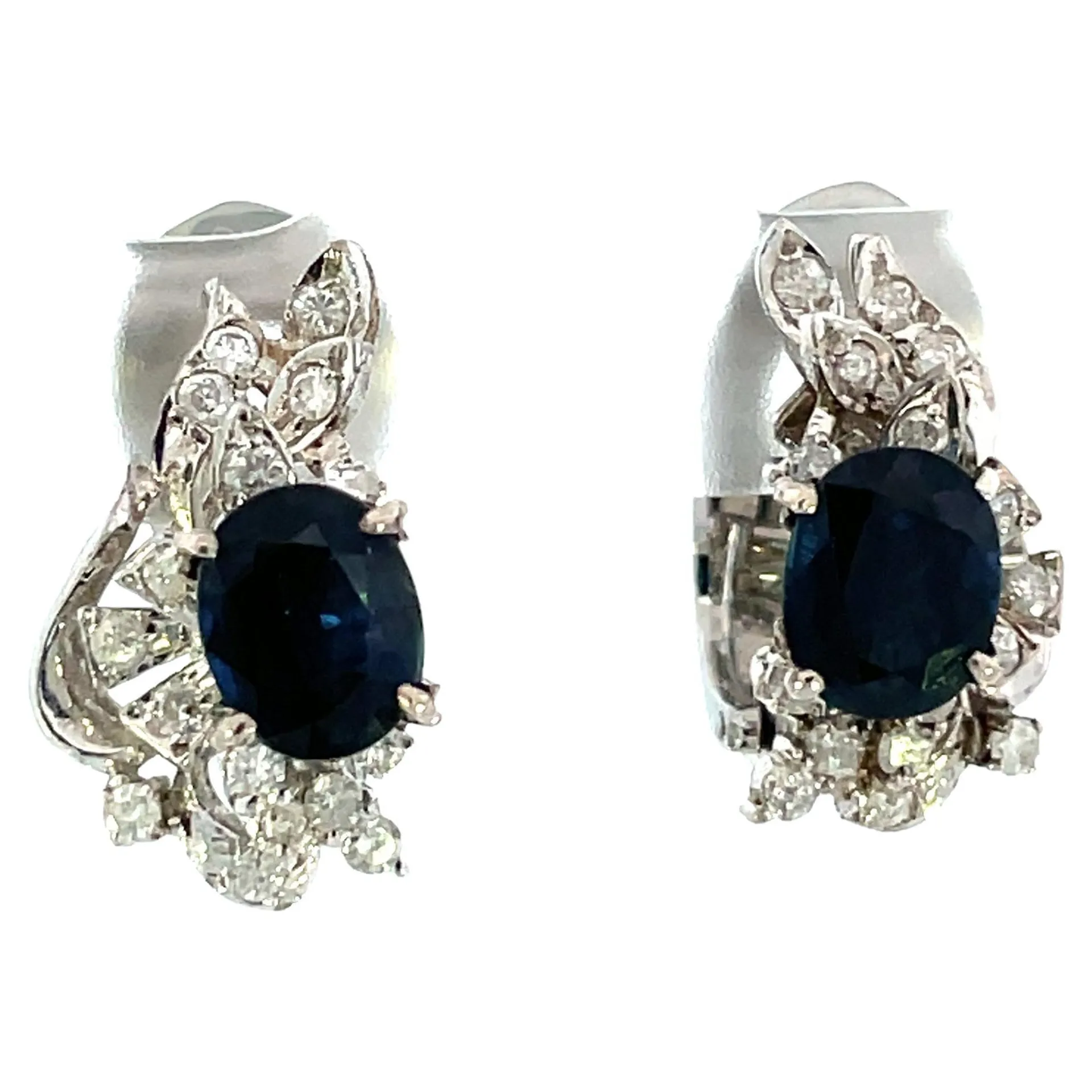 1950s Platinum Blue Sapphire and Diamond Mid Century Retro Non-Pierced Earrings