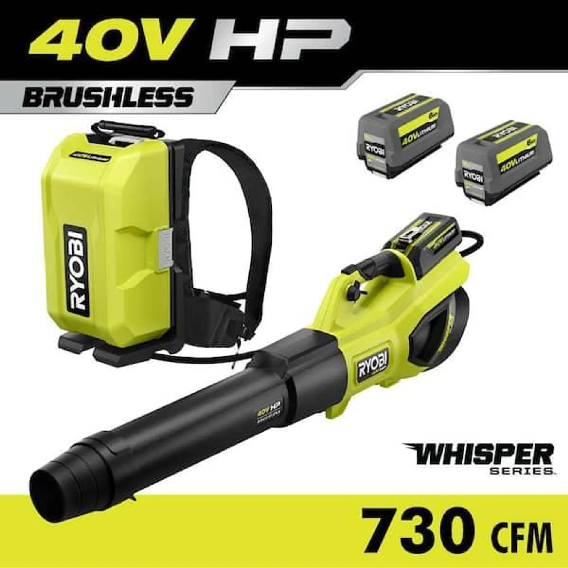 40V HP Brushless Whisper Series 190 MPH 730 CFM Blower and Backpack Battery w/ (2) 6.0 Ah Batteries & Charger