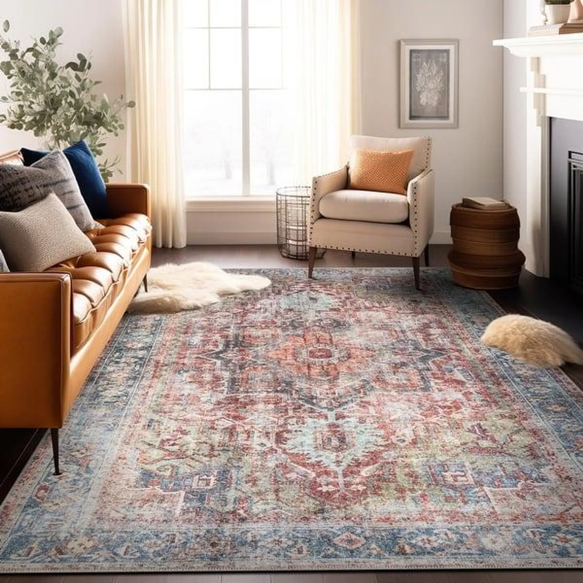 Traditional Distressed Machine Washable Area Rug