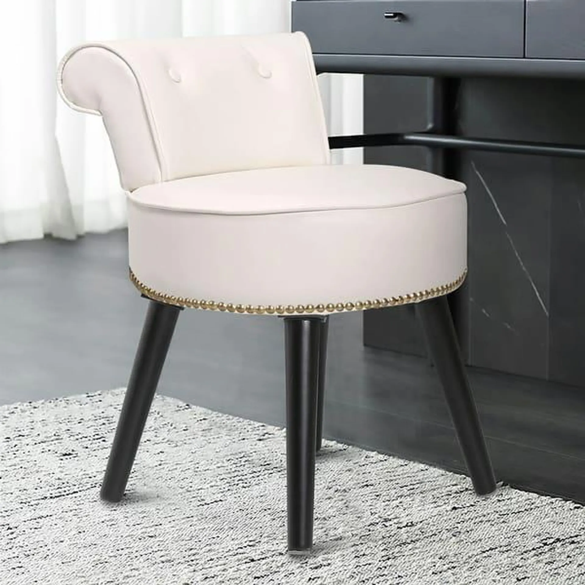 VEIKOUS Makeup Vanity Stool Chair with Low Back and Wood Legs-17.3" x 15.7" x 25.1"