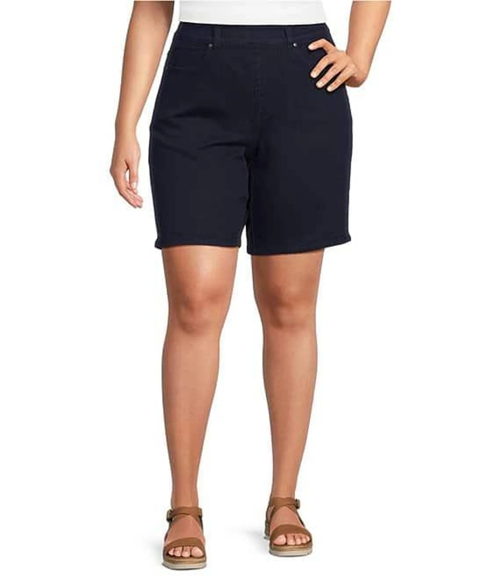 Plus Size High Rise Flat Front Pocketed Bermuda Shorts