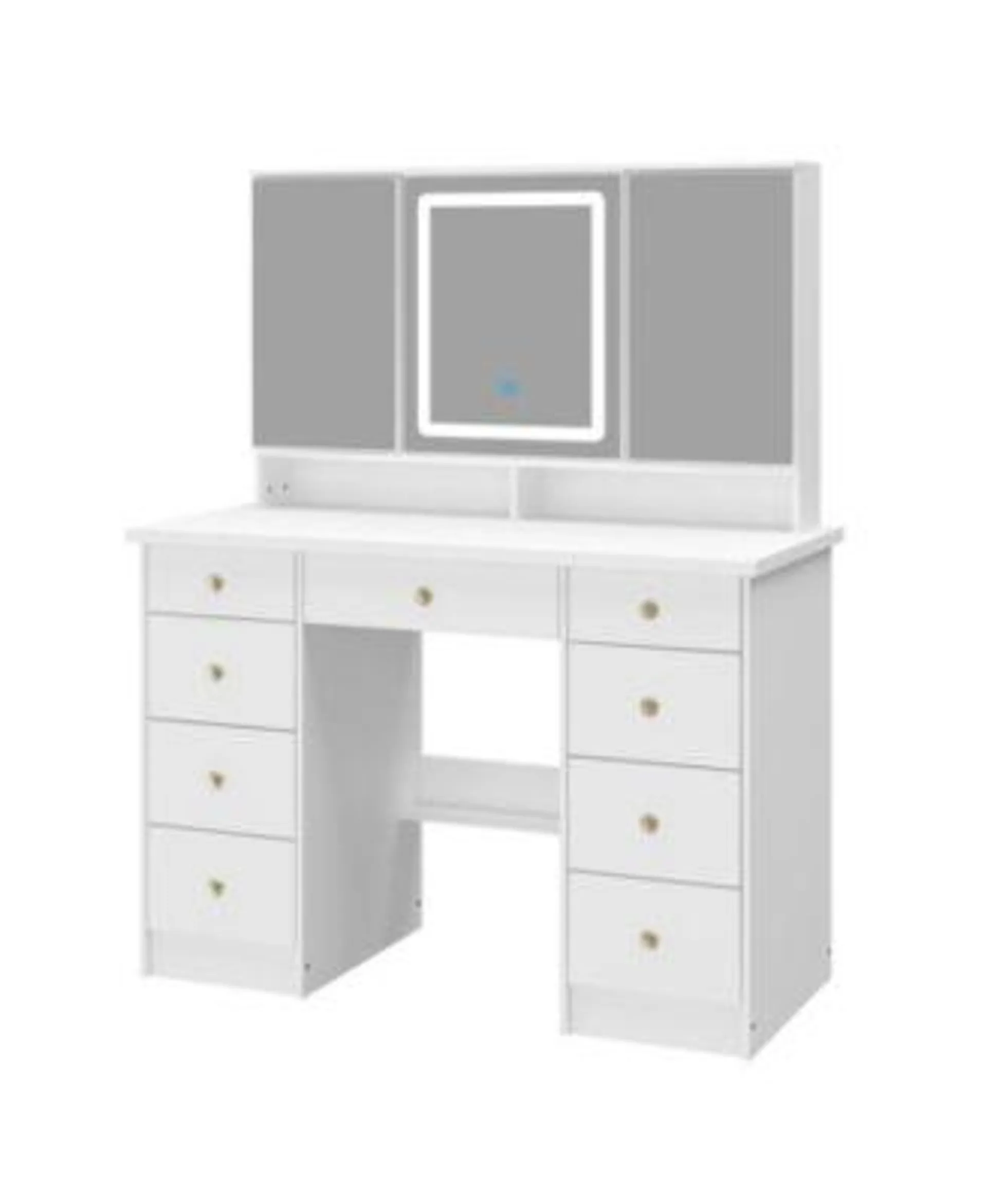 Pink Modern Makeup Vanity Desk 9-Drawers Wood Dressing Table with 3 Mirrors, Hidden Storage Shelves, LED Lighted Lights