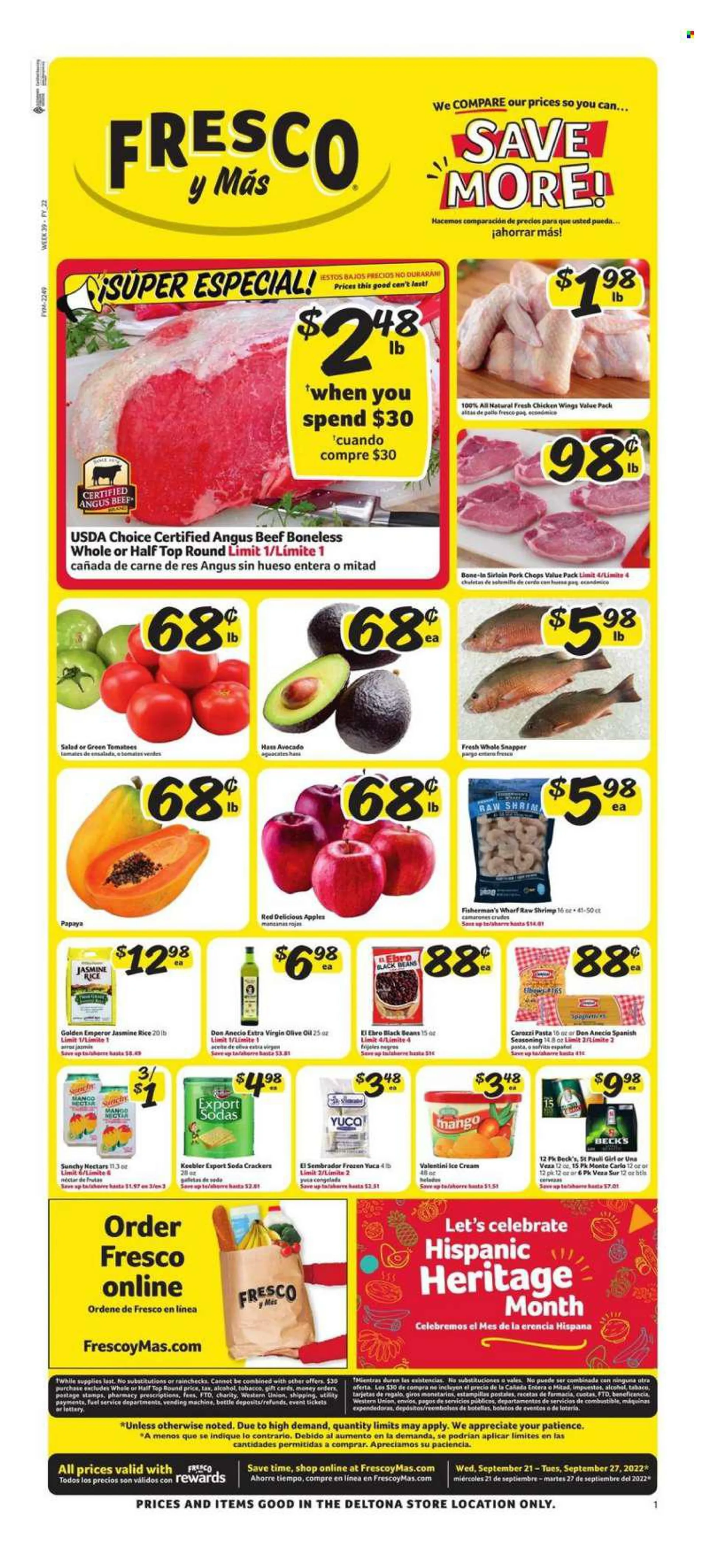 Fresco y Más Flyer - 09/21/2022 - 09/27/2022 - Sales products - beans, tomatoes, apples, avocado, mango, Red Delicious apples, papaya, shrimps, spaghetti, pasta, ice cream, chicken wings, crackers, Keebler, black beans, rice, jasmine rice, spice, extra vi