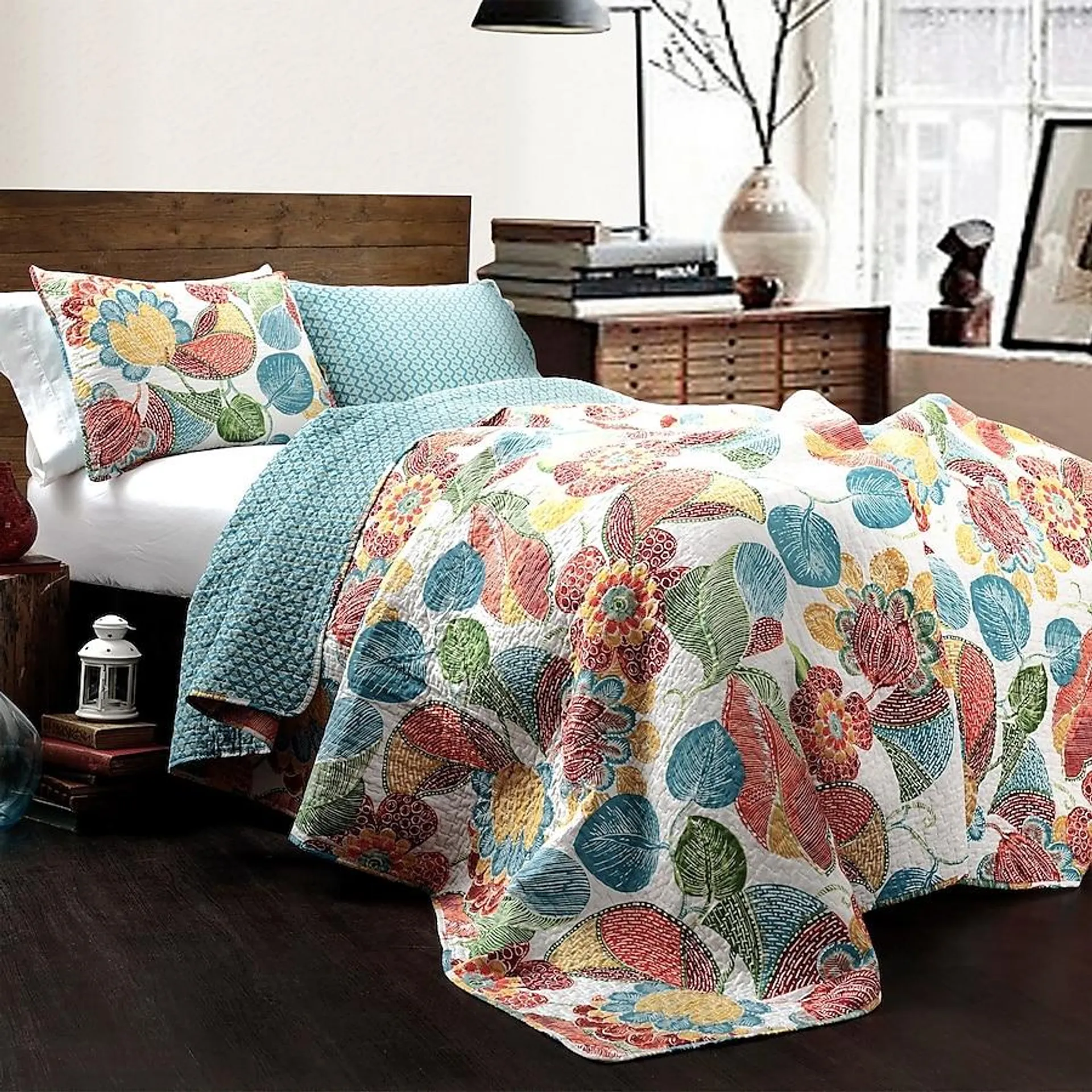 Lush Decor Orange Floral Reversible King Quilt Cotton