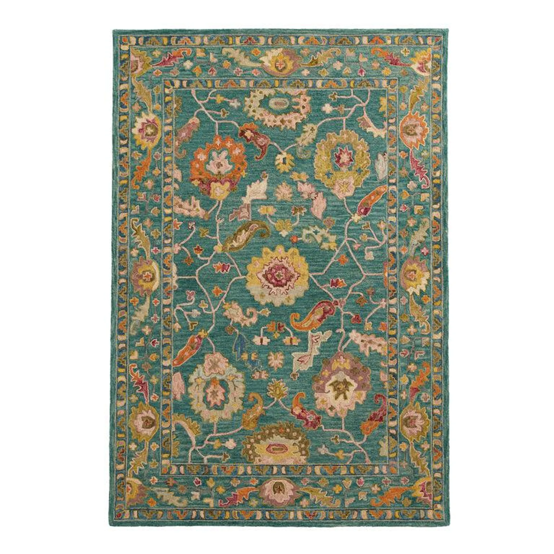 Raya Teal And Multicolor Floral Wool Area Rug