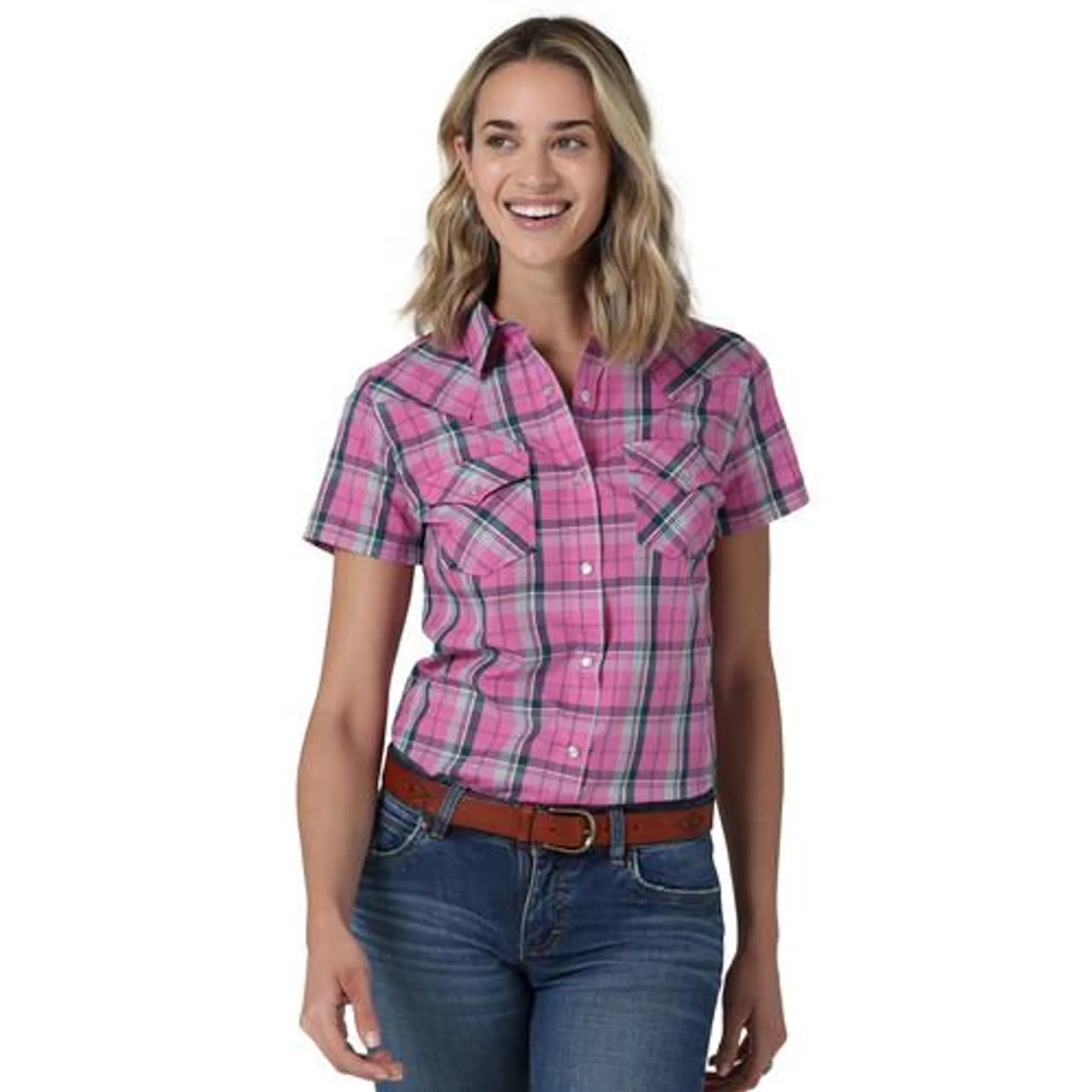 Wrangler Women's Essential Short Sleeve Plaid Western Snap Top in Bubblegum Pink