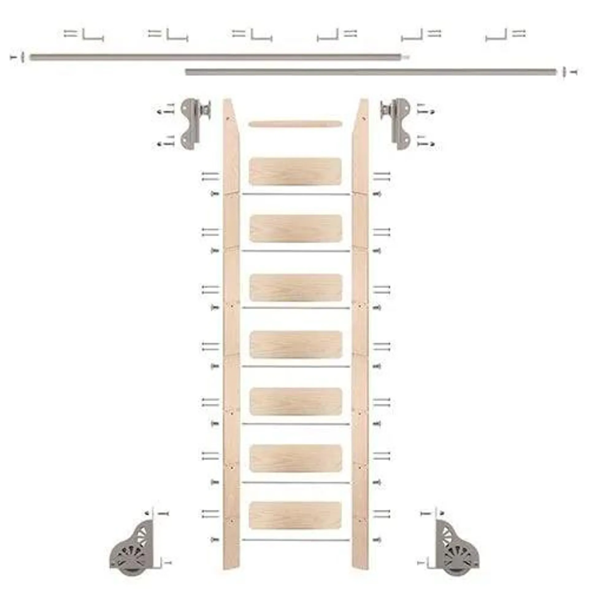 Quiet Glide Maple Library Ladder & 12 Ft Rolling Hook Hardware Kit