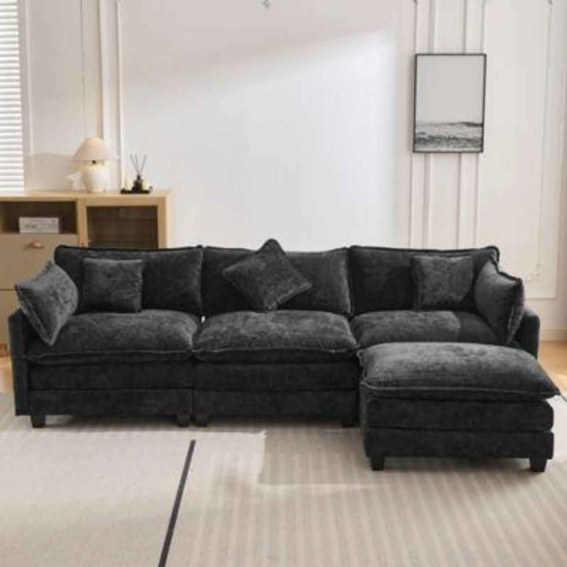 Streamdale Furniture Black Chenille L-Shape Sofa with Ottoman and Pillows