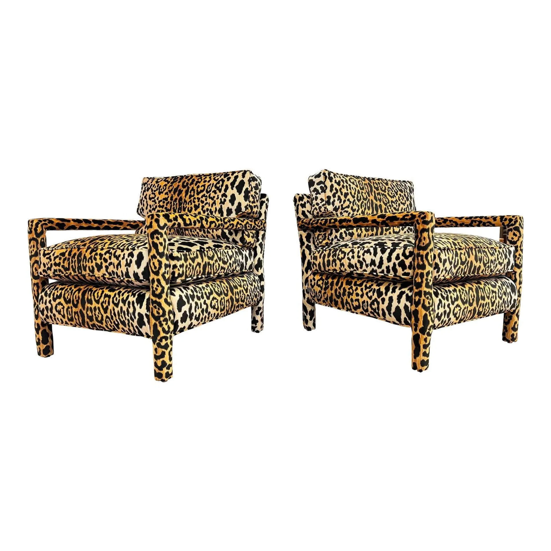 Custom Leopard Print Velvet Parsons Chairs in the Style of Milo Baughman, a Pair