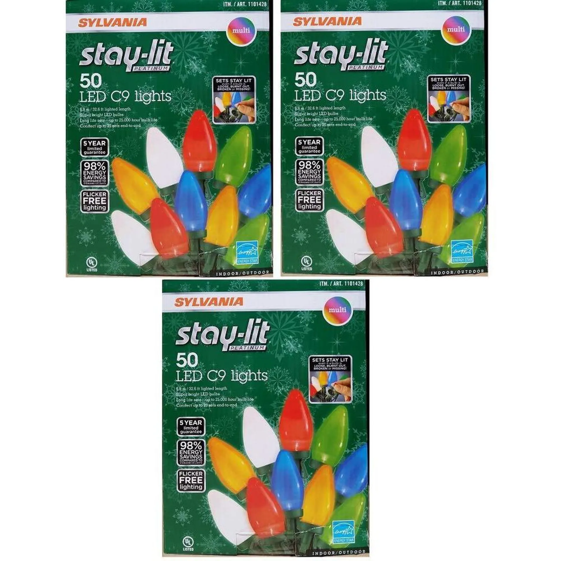 sylvania stay-lit platinum multicolor led c-9 indoor/outdoor holiday lights - (50 lights per string) (3)