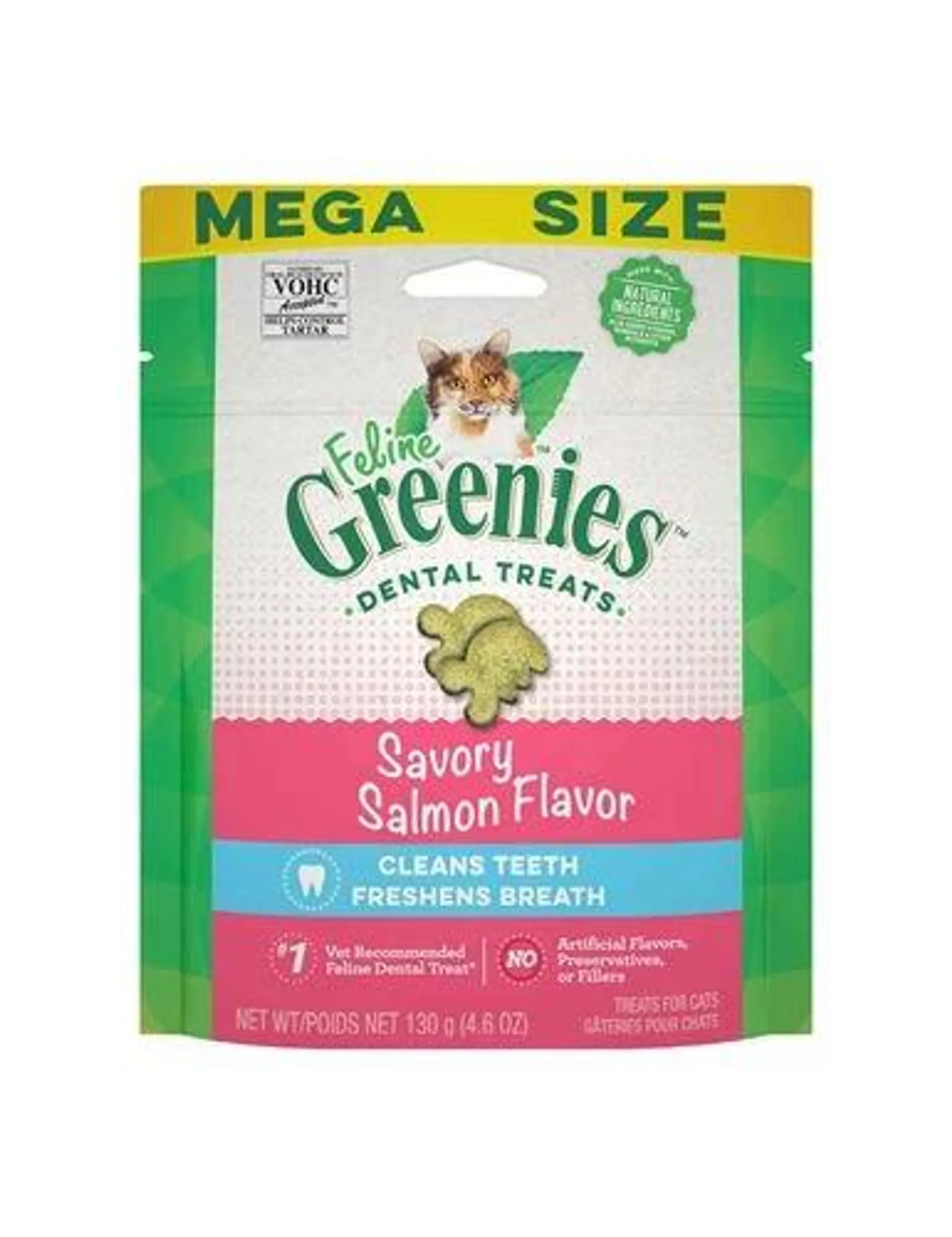 FELINE GREENIES Adult Natural Dental Care Cat Treats, Savory Salmon Flavor, 4.6 Ounce Pouch