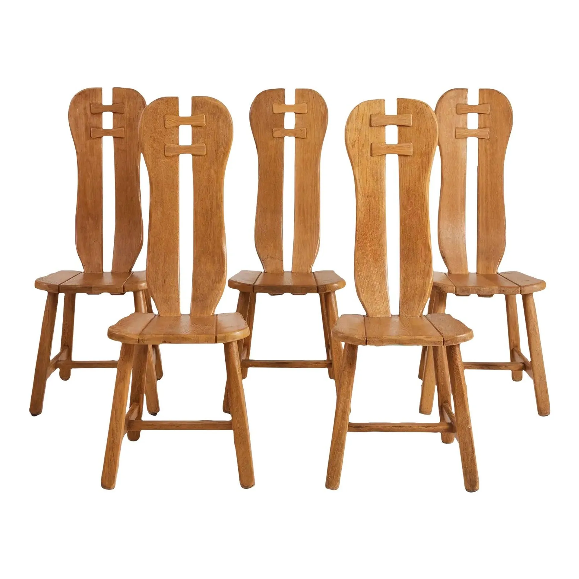 1970s De Puydt Belgian Brutalist Oak Dining Chairs, Set of 5