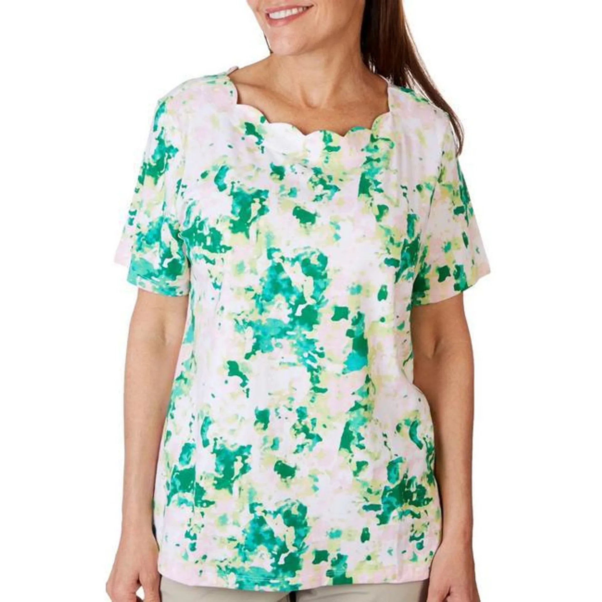 Womens Print Scalloped Boat Neck Short Sleeve Top