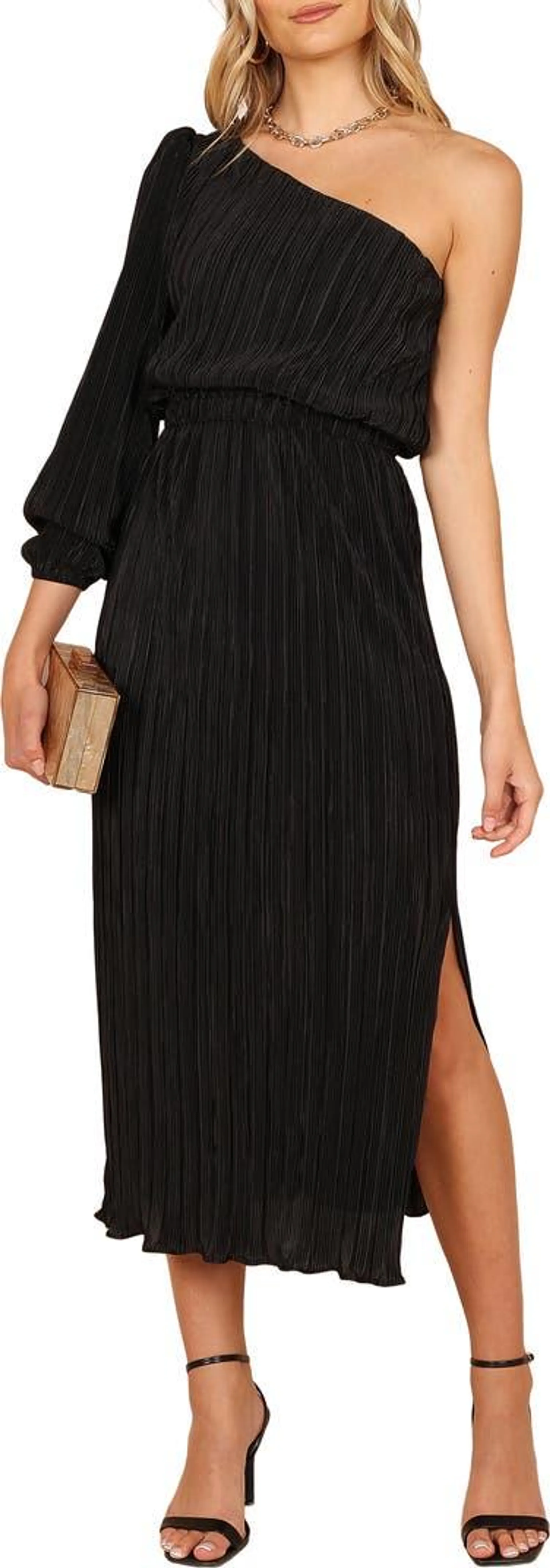 Pontee Plissé One-Shoulder Midi Dress