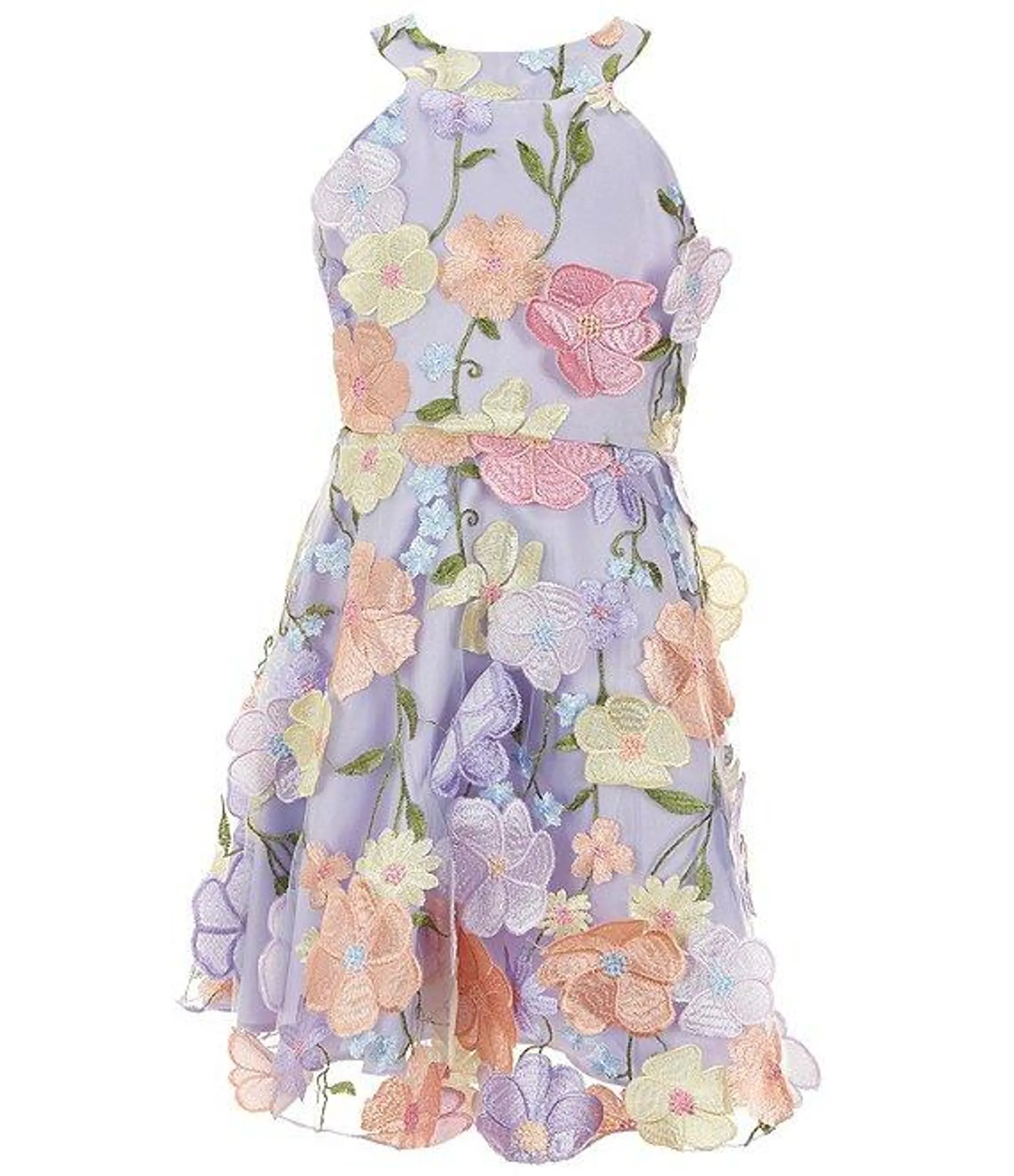 Big Girls Sleeveless Floral-Embroidered Mesh Fit-And-Flare Dress