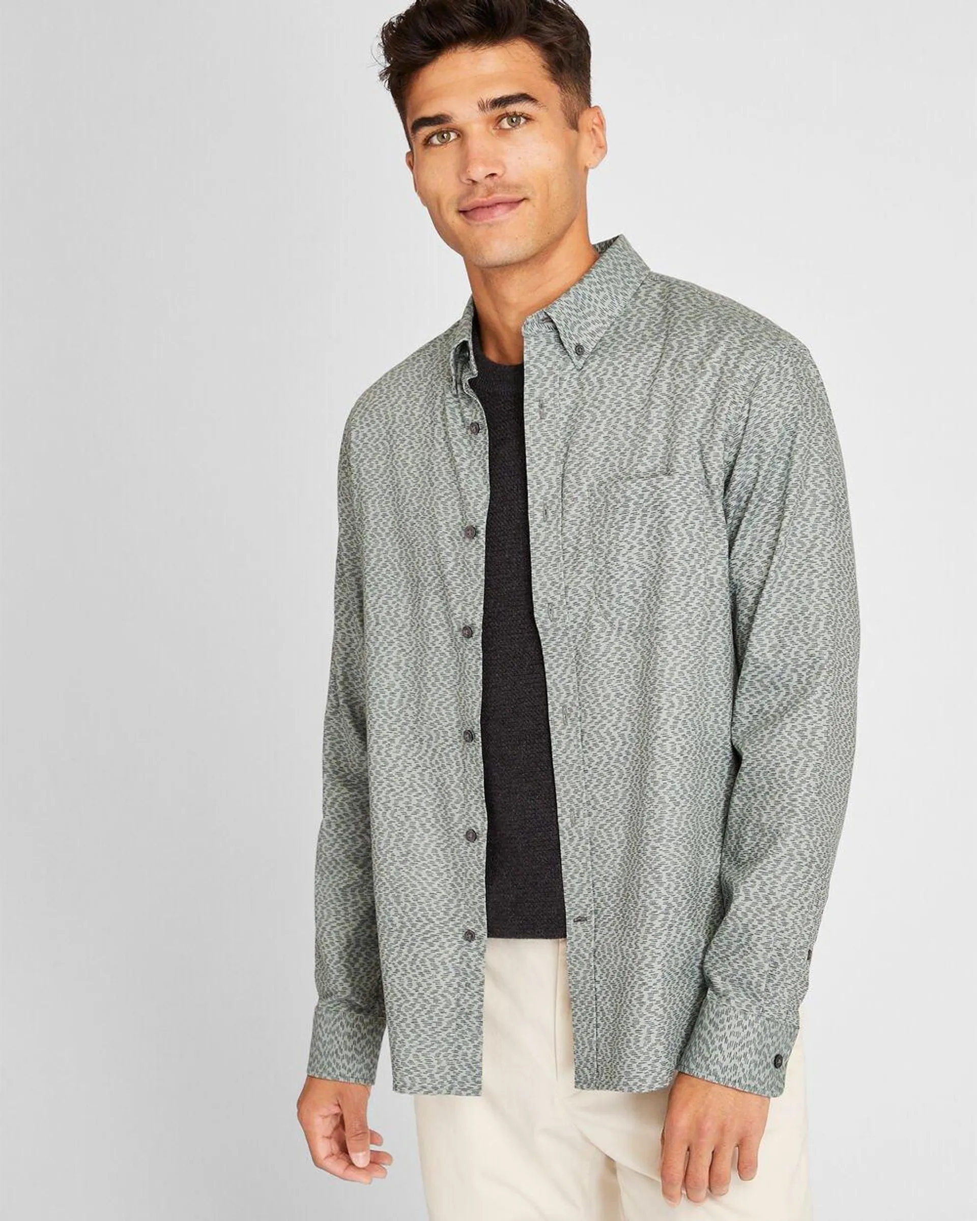 Long-Sleeve Textured Print Poplin Shirt