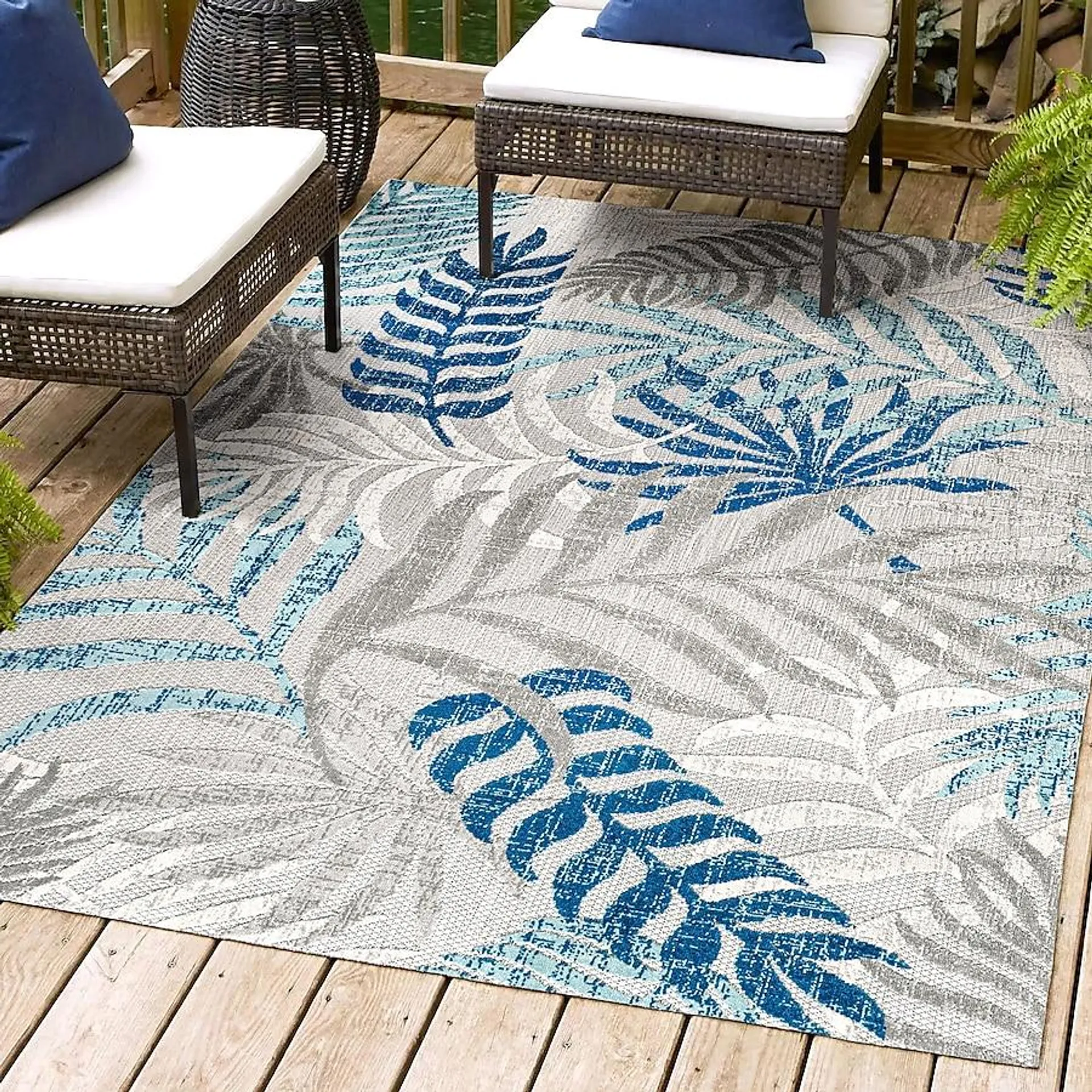 JONATHAN Y Amalfi Coast Tropics Palm Leaves 8 X 10 (ft) Gray/Blue Indoor/Outdoor Floral/Botanical Coastal Area Rug