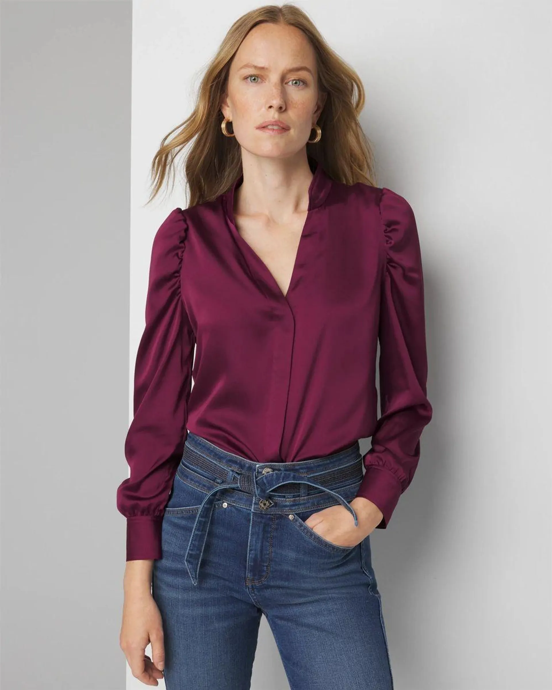 Y-Neck Ruched Shoulder Shirt