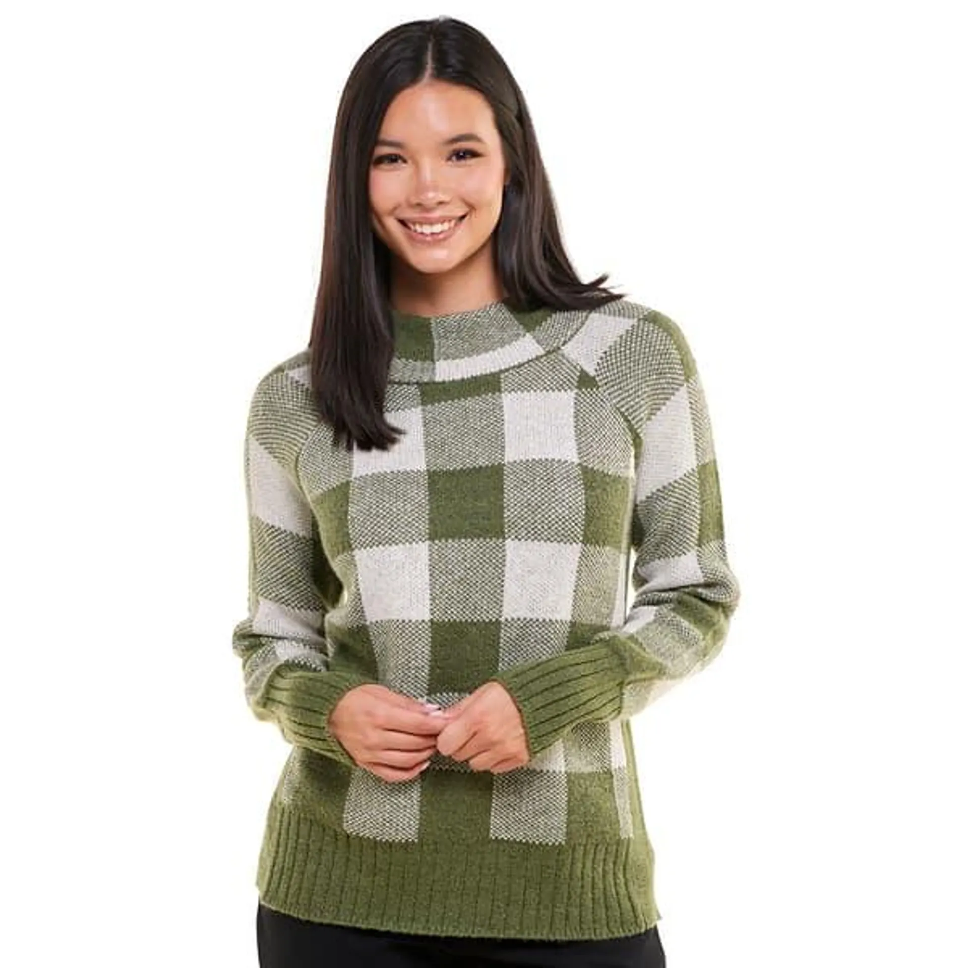 Womens Inner Circle Long Sleeve Mock Neck Checkered Sweater