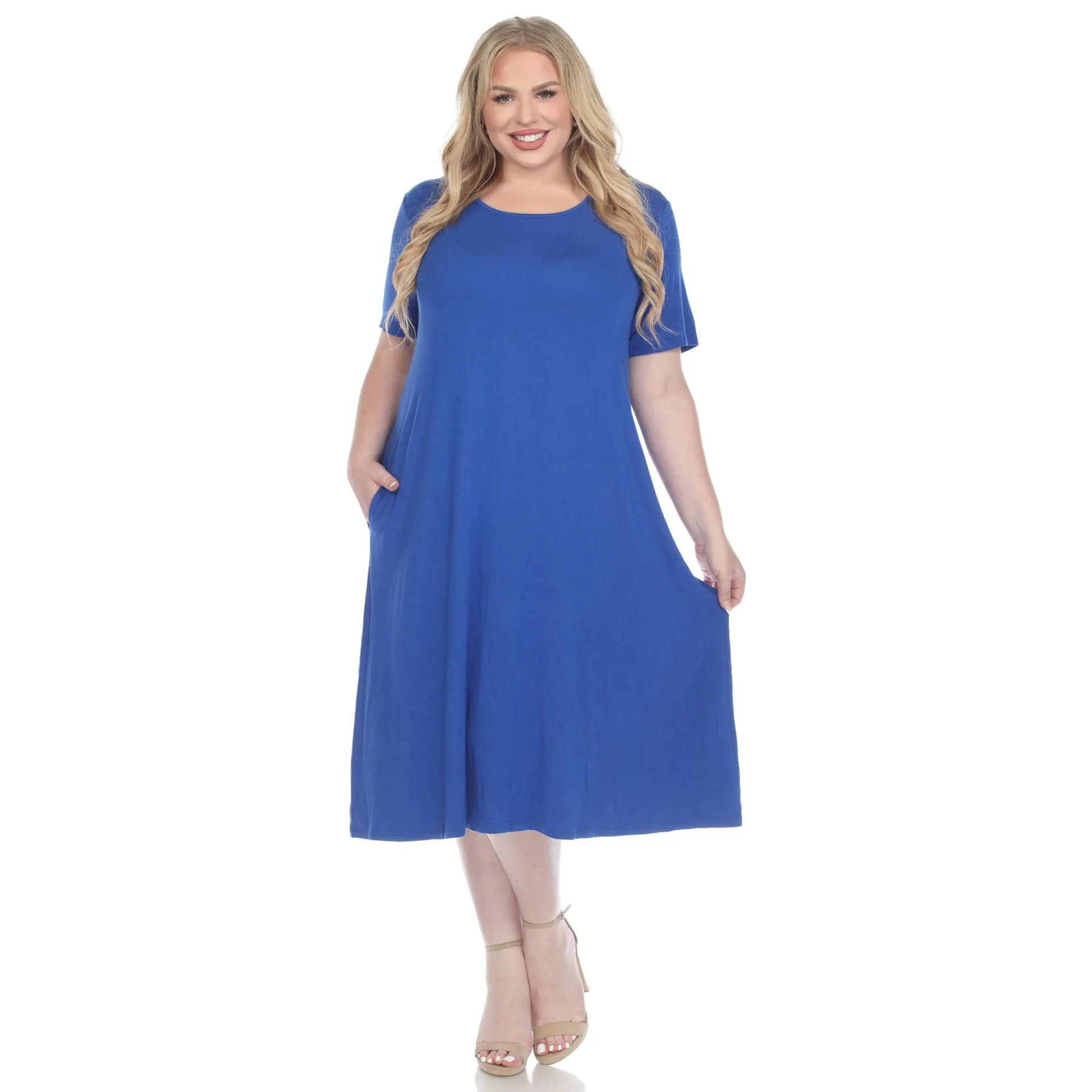 Short Sleeve Pocket Swing Midi Dress - Plus (7 Colors Available)