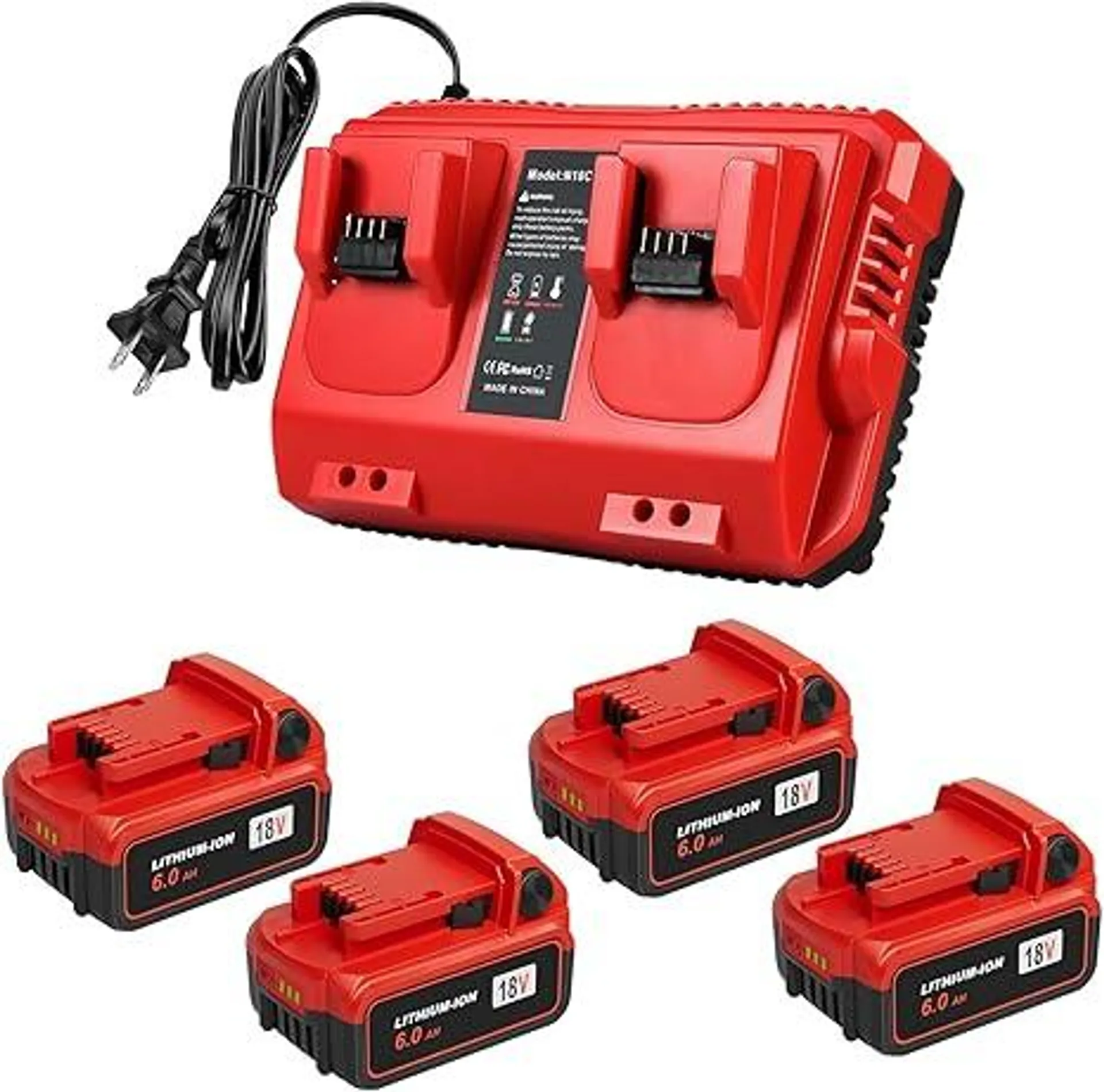 4Pack 18V 6.0Ah Batteries Replacement for Milwaukee M-18 Battery and 1 Charger Set