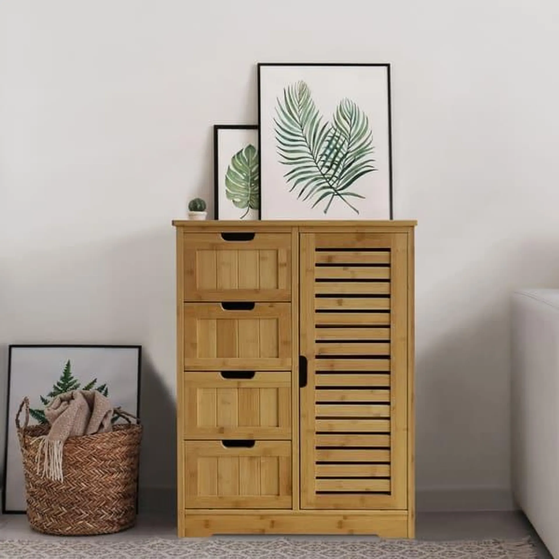 VEIKOUS Bathroom Floor Storage Cabinet with 4 Drawers, 1 Cupboard and 2 Adjustable Shelves