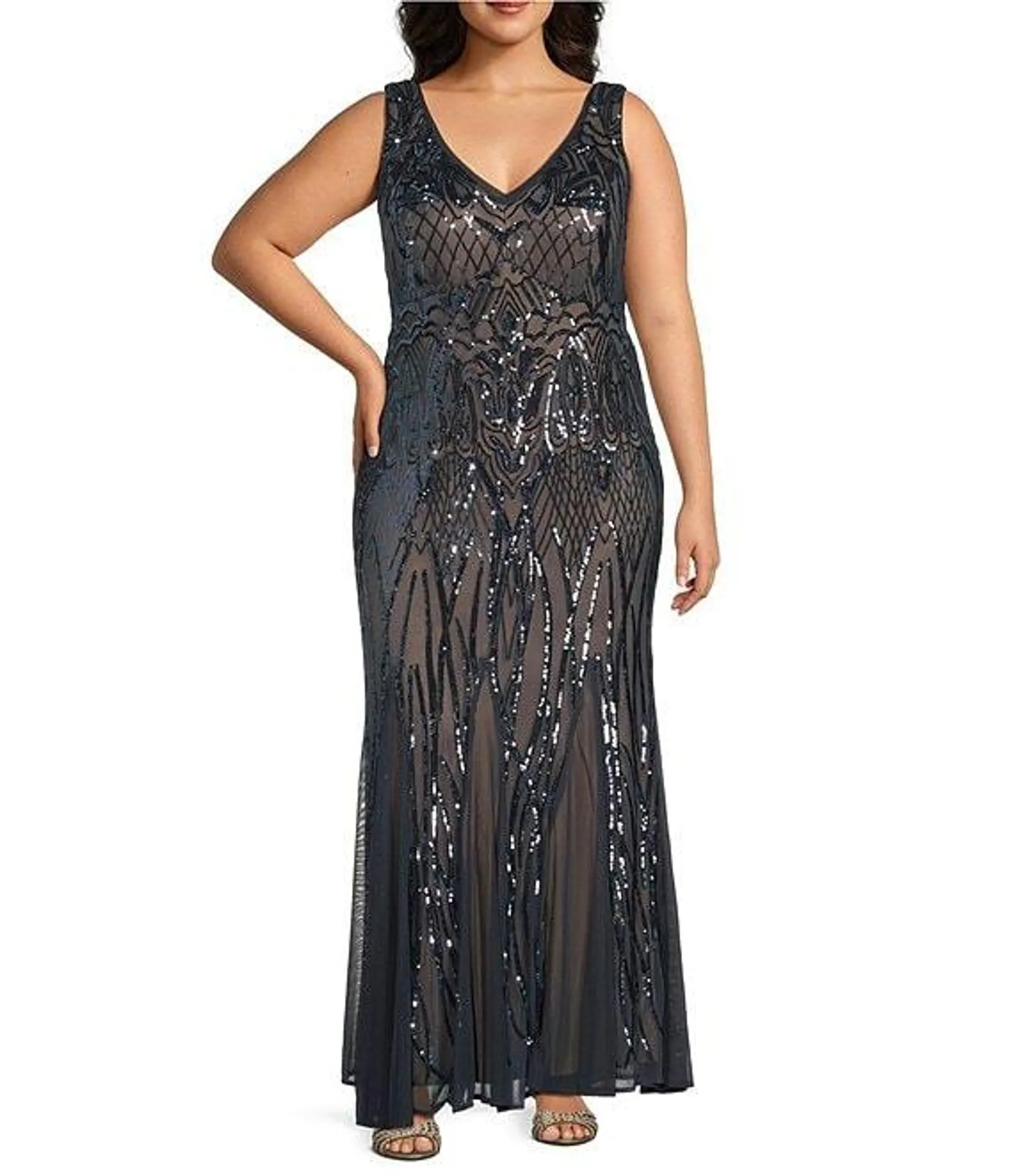 Plus Size Sleeveless V-Neck Sequin Godet Skirt Long Dress