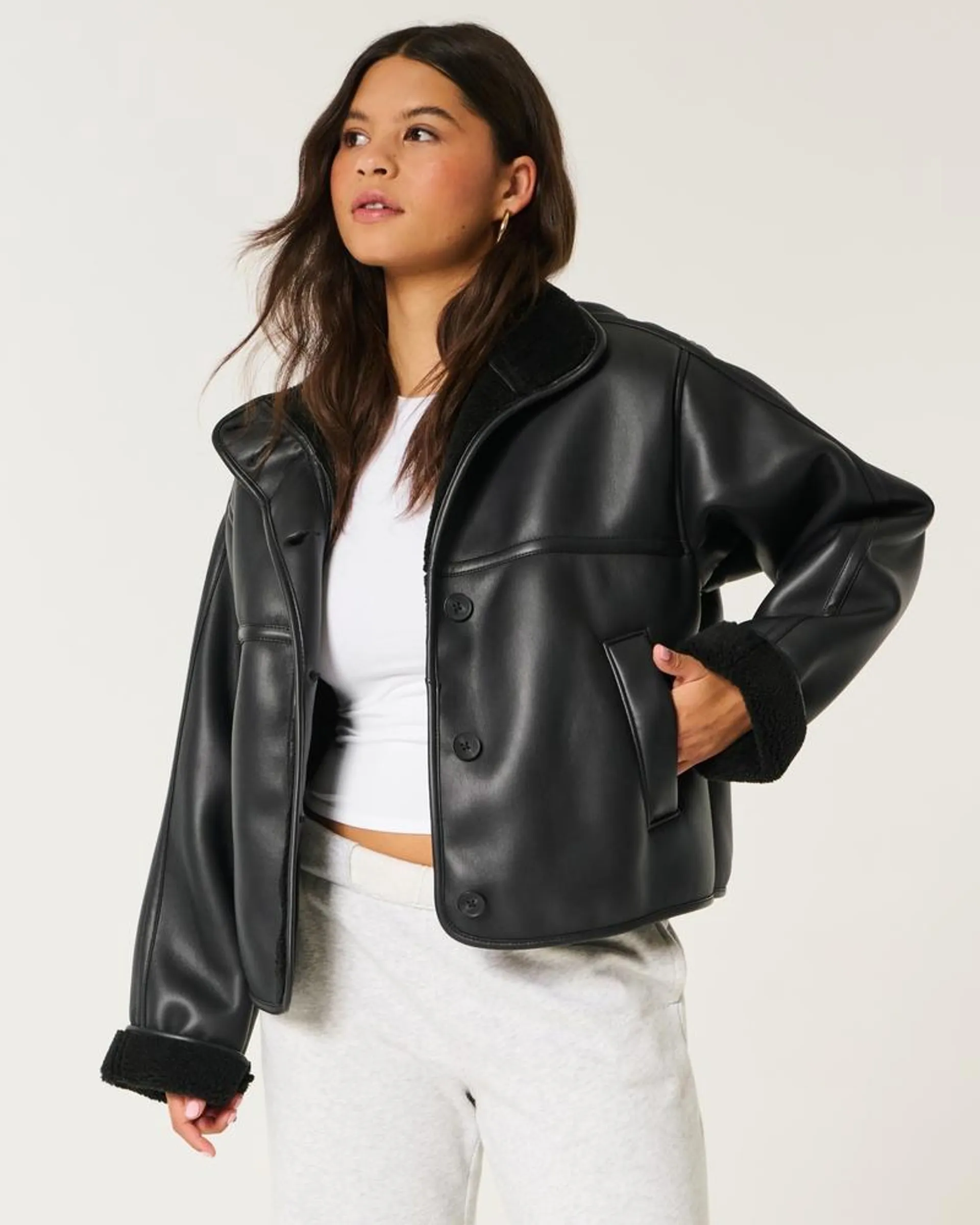 Sherpa-Lined Vegan Leather Jacket