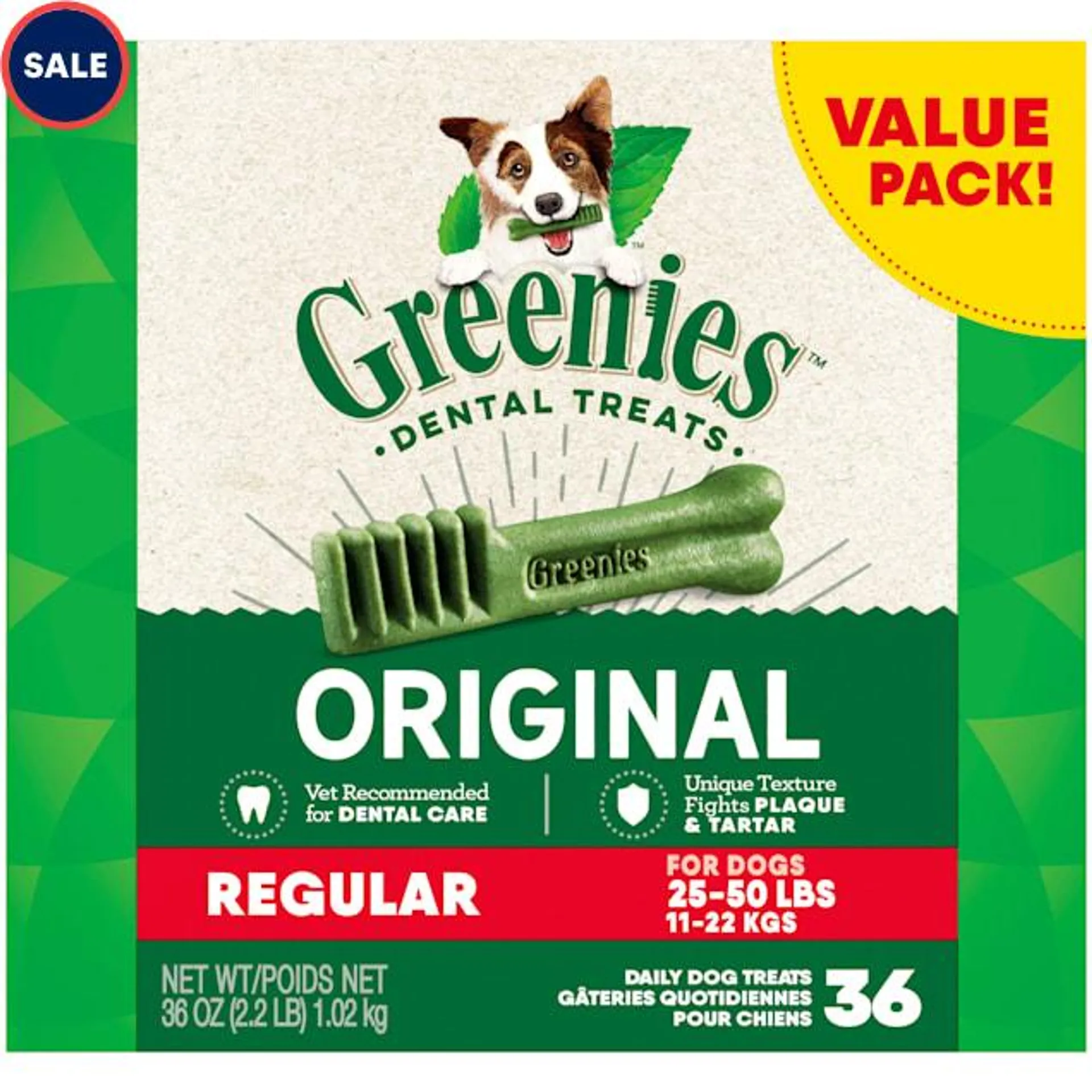 Greenies Original Regular Natural Dog Dental Care Chews Oral Health Dog Treats, 36 oz., Count of 36