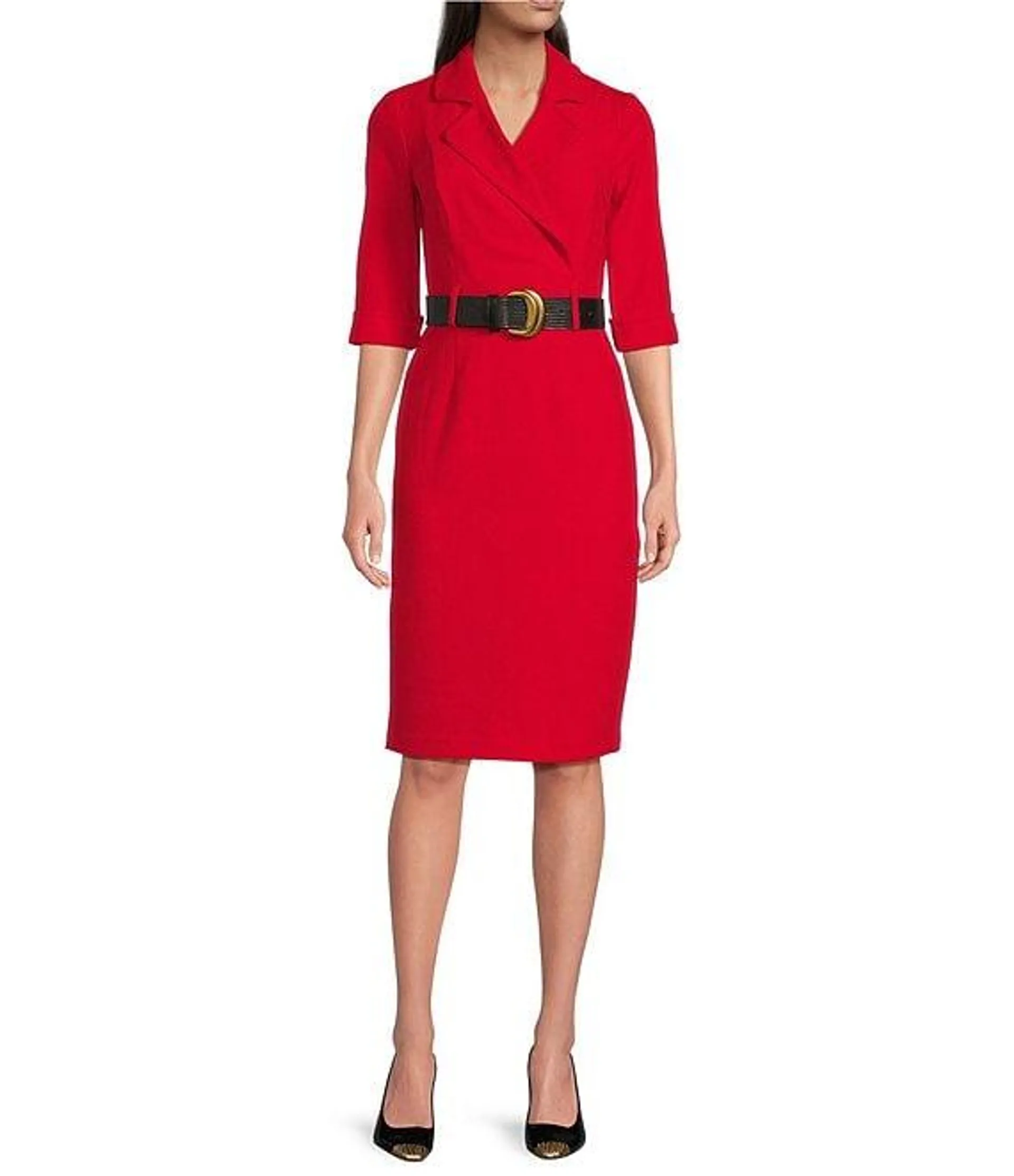 3/4 Sleeve V-Neck Belted Crepe Faux Wrap Dress