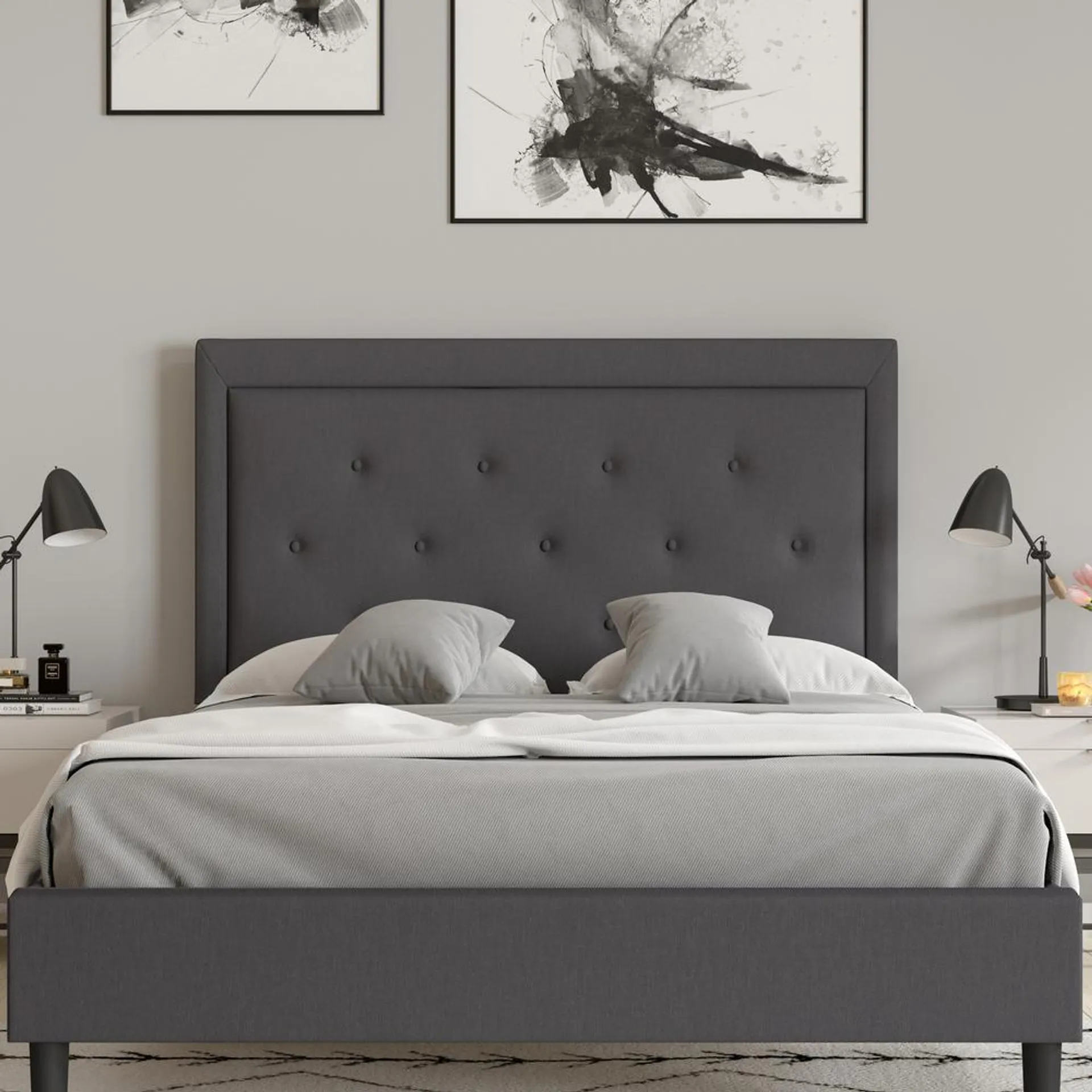 Merrick Lane Mallory Full Size Platform Bed Tufted Upholstered Platform Bed in Dark Gray Fabric