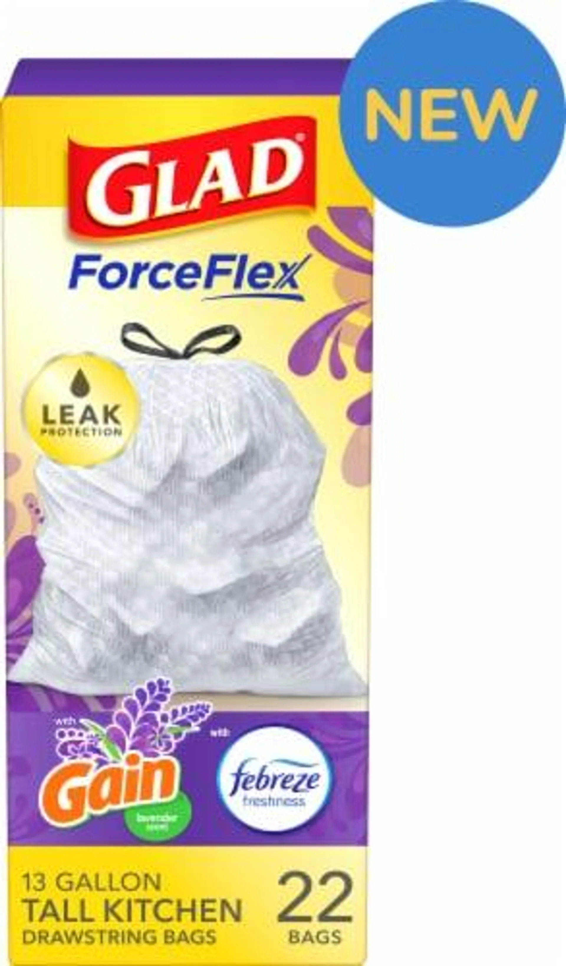 Glad ForceFlex with Febreze Gain Lavender Scent Tall Kitchen Drawstring Trash Bags