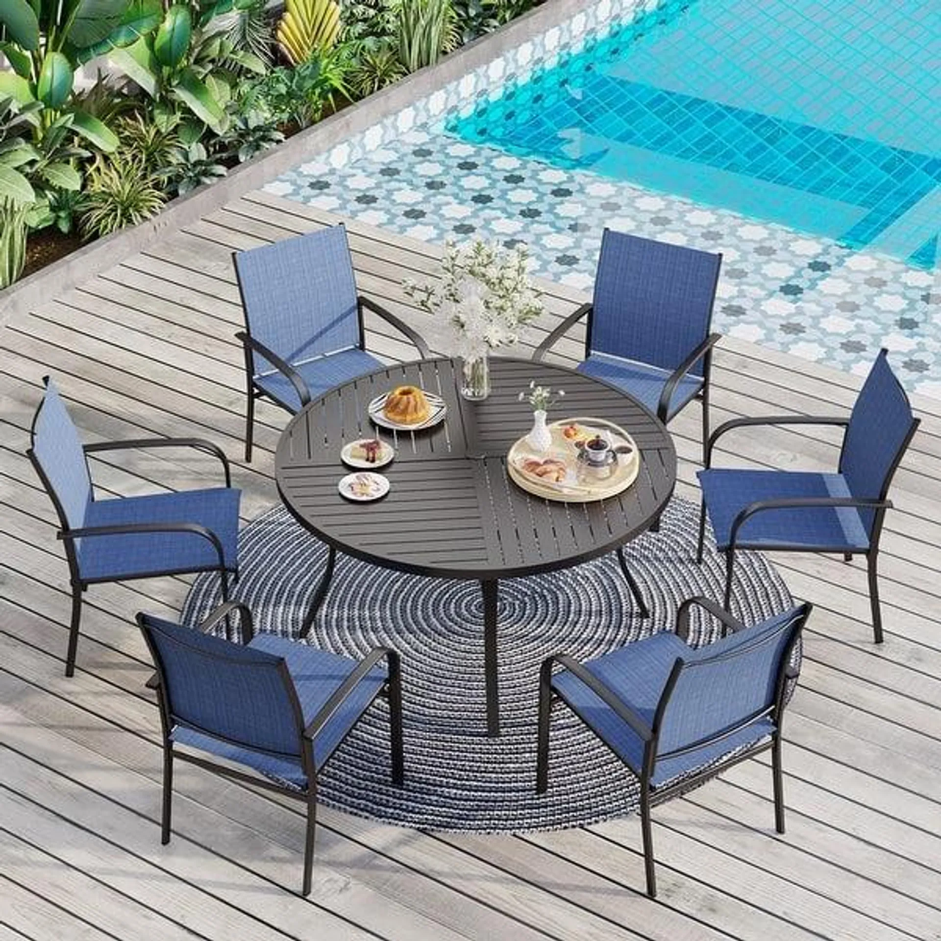 7-Piece Patio Dining Set for 6, Large Round Dining Table with Umbrella Hole & Textilene Dining Chairs