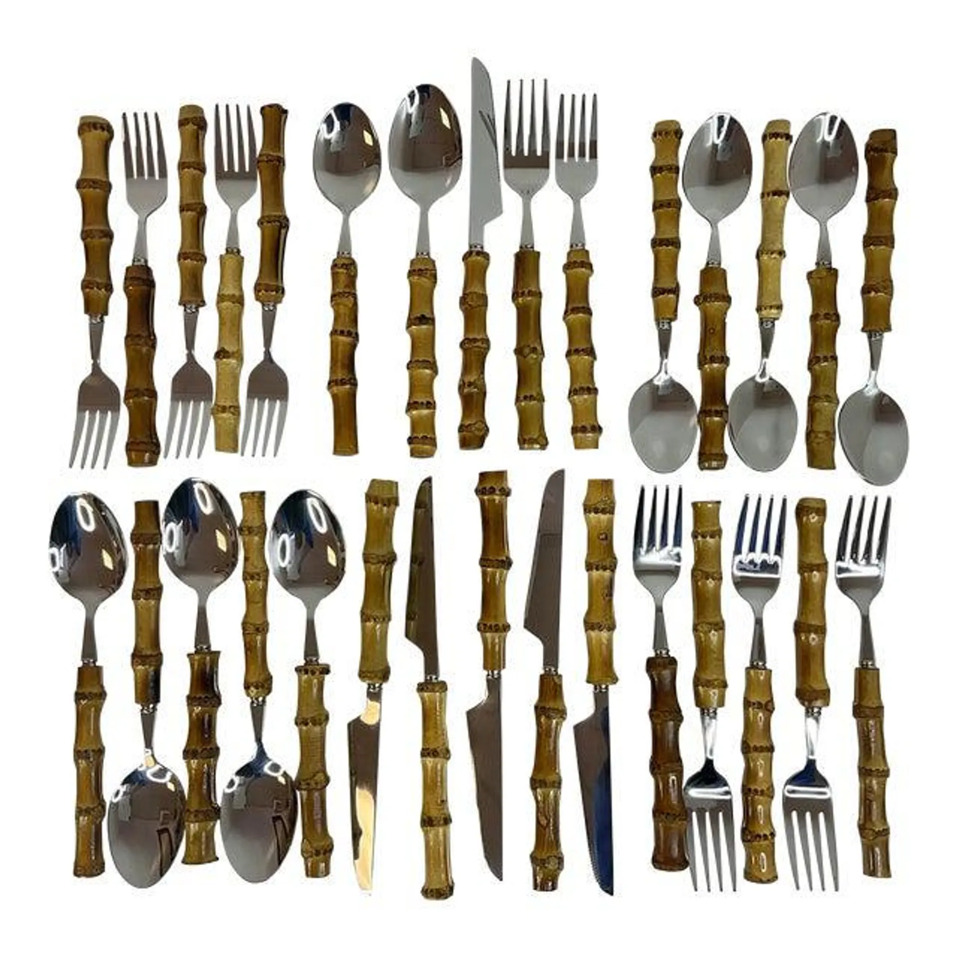 Chinoiserie Bamboo 18/8 Stainless Flatware, 5 Pcs Place Setting- 30 Total Pcs, Service for 6