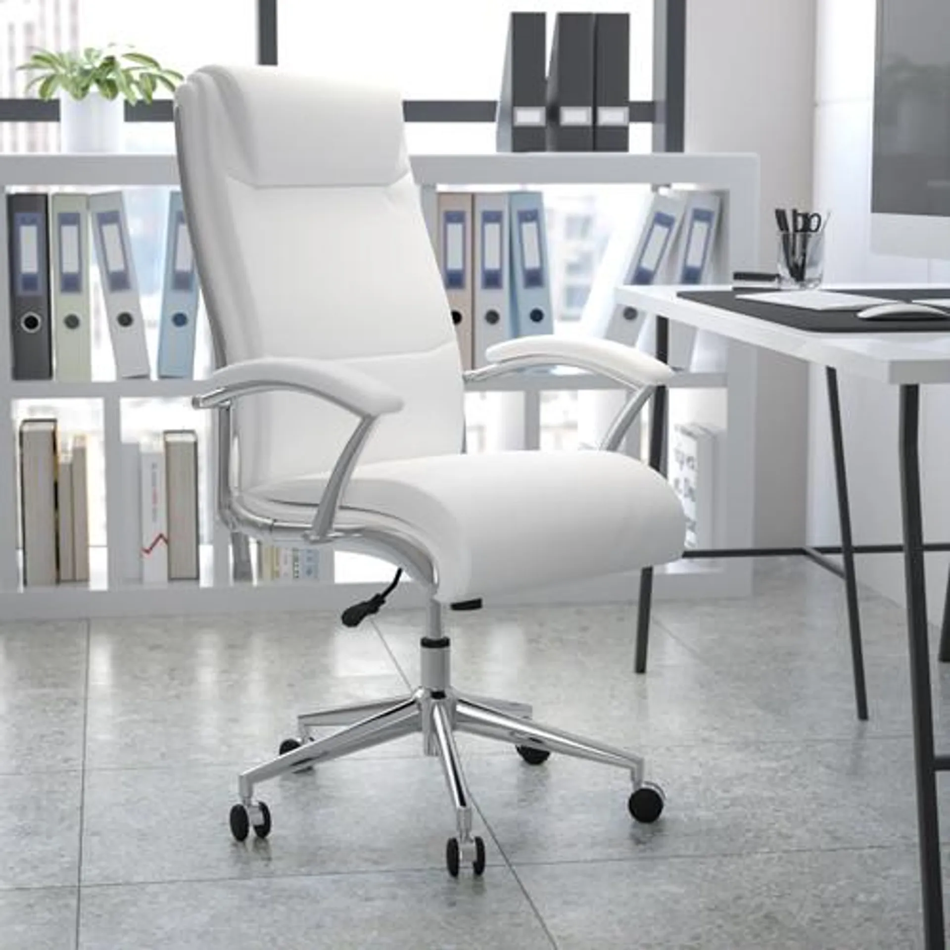 High Back Designer White LeatherSoft Smooth Upholstered Executive Swivel Office Chair with Chrome Base and Arms - GO2192WHGG