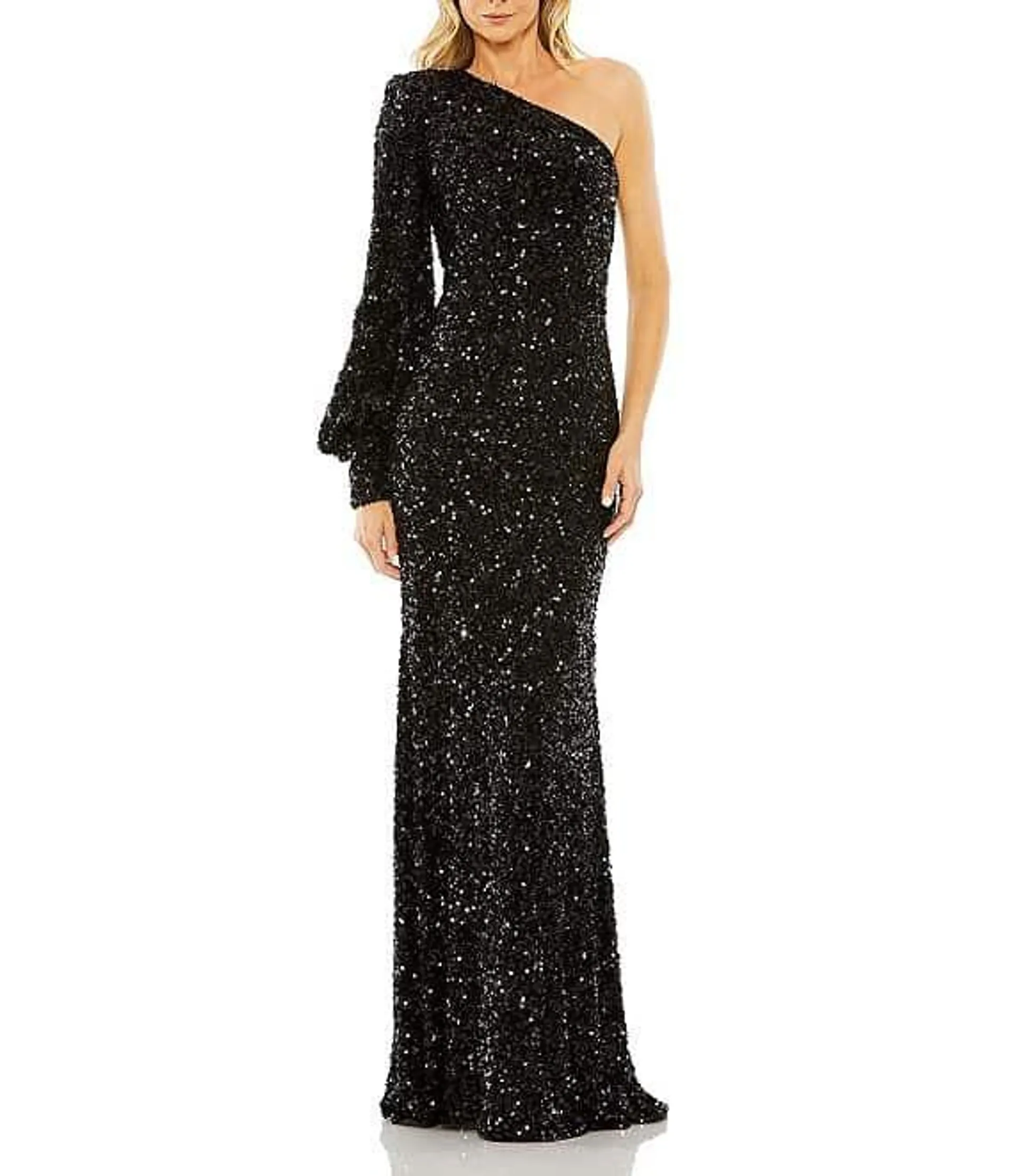 Sequin Asymmetrical One Long Bishop Sleeve Sheath Gown