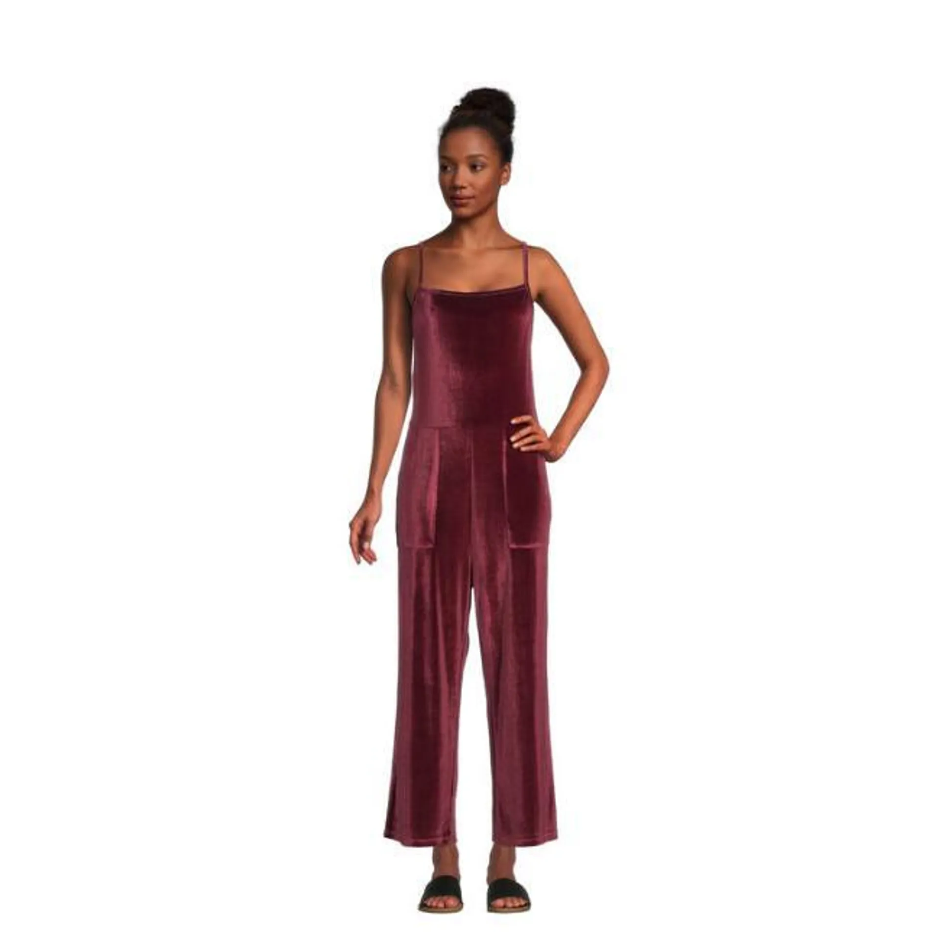Wine Red Velour Lounge Jumpsuit With Pockets