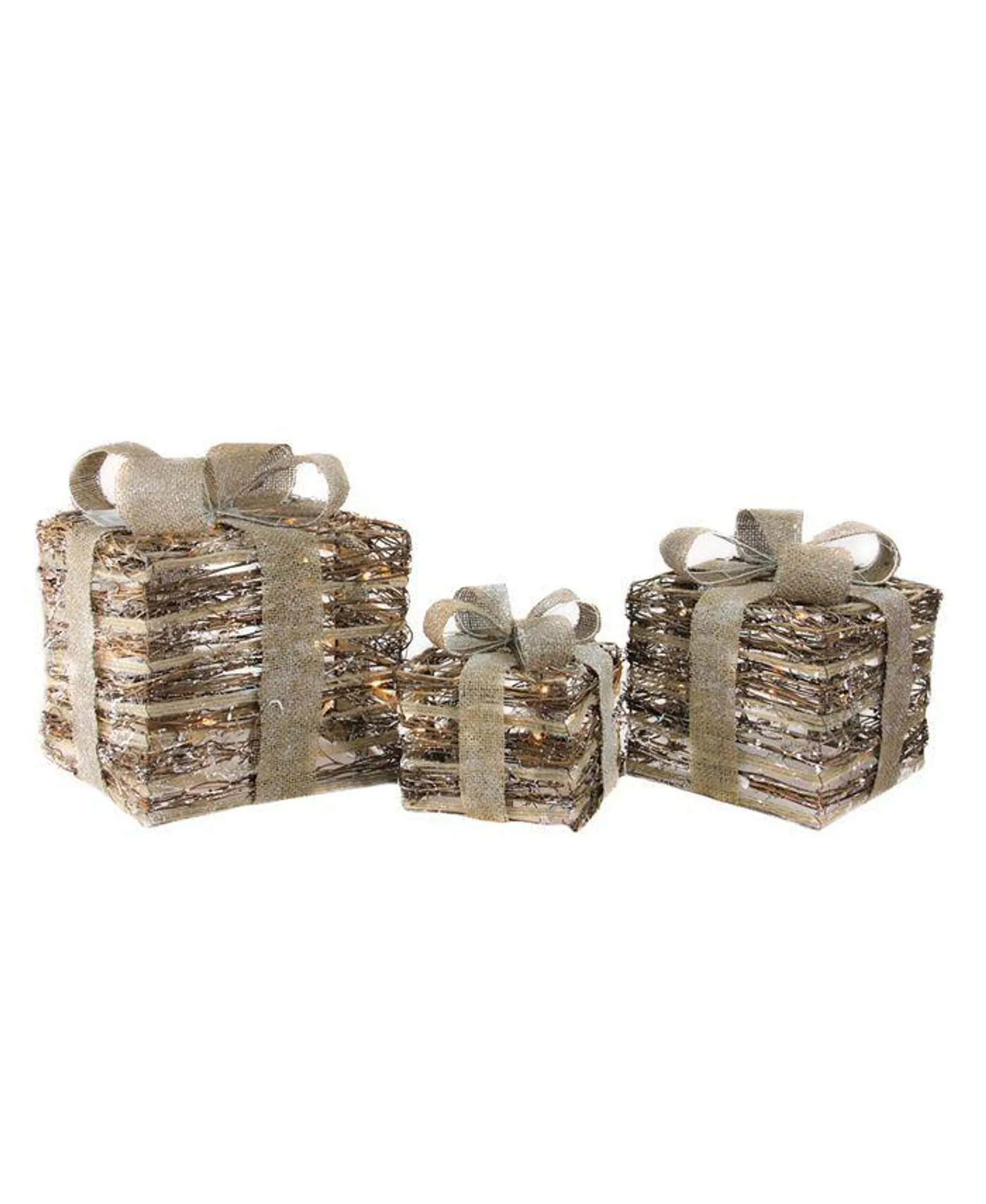 Set of 3 Lighted Rattan Gift Boxes Decorations