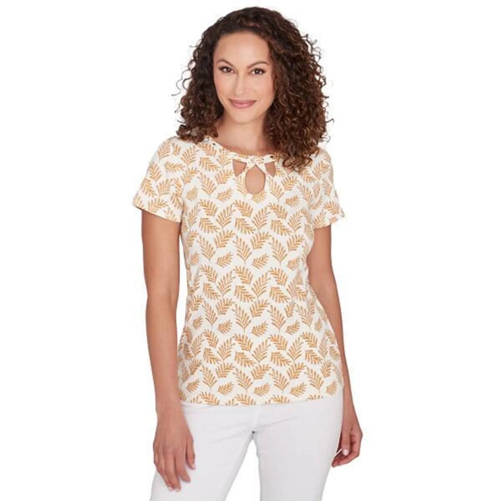 Petite Hearts of Palm Emb Short Sleeve Tossed Leaves Tee