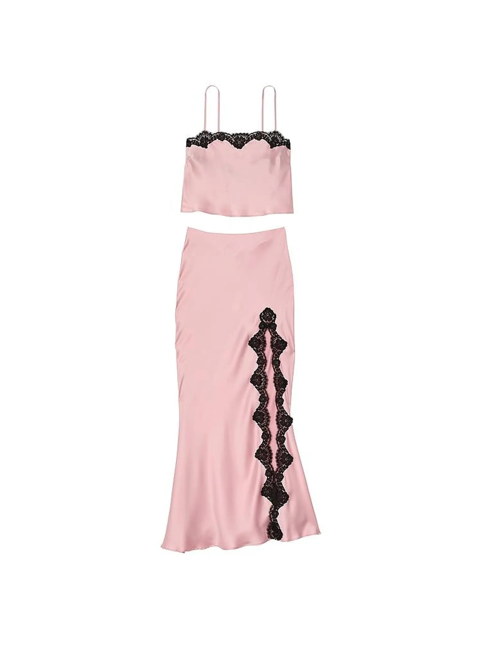 Satin Lace-Trim Cropped Top & Slip Skirt Set