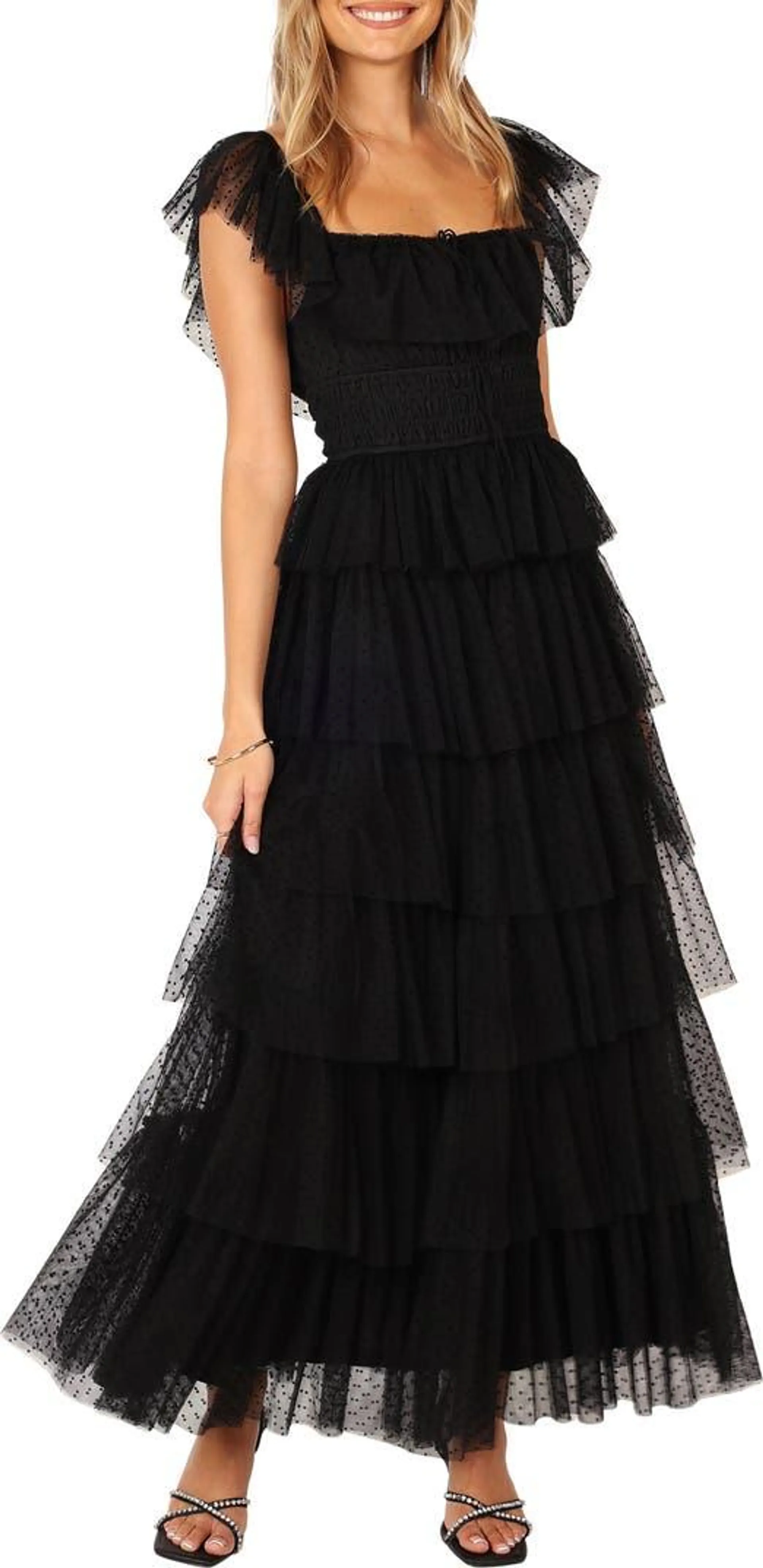 Belle Swiss Dot Tulle Tiered Maxi Dress