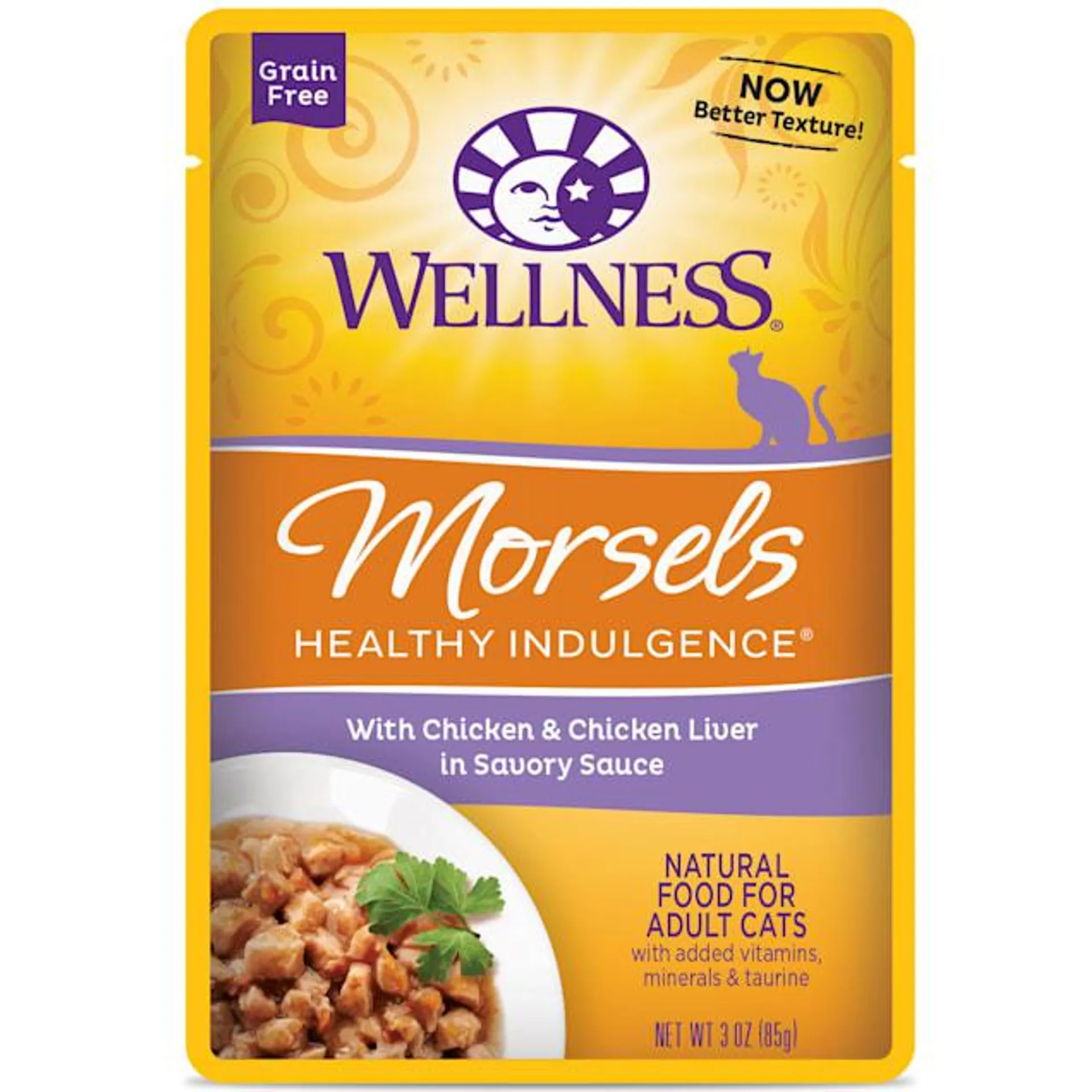 Wellness Healthy Indulgence Natural Grain Free Morsels w/Chicken & Chicken Liver in Sauce Wet Cat Food, 3 oz., Case of 12
