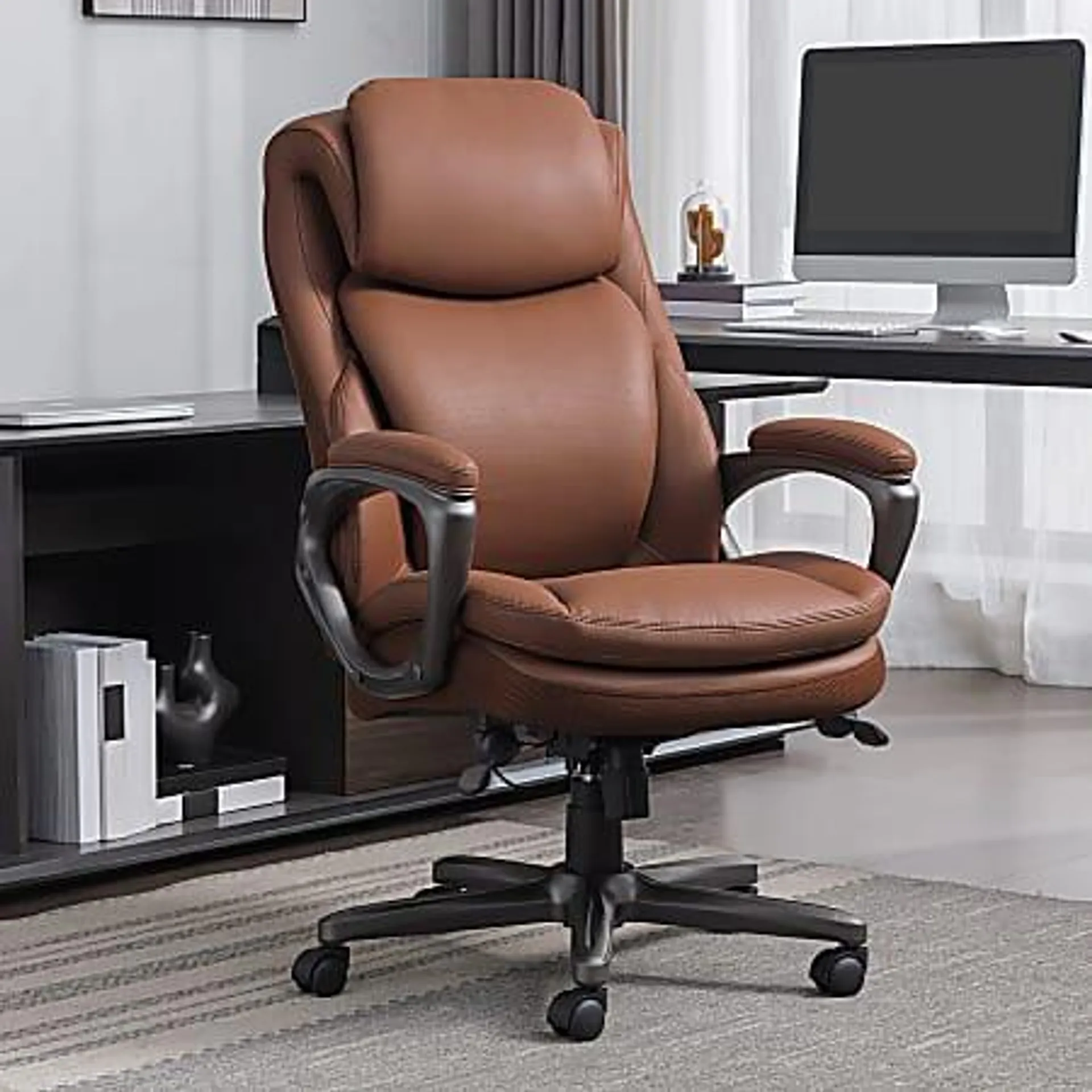 Serta® Smart Layers™ Arlington AIR™ Ergonomic Bonded Leather High-Back Executive Office Chair, Cognac Brown/Dark Gray